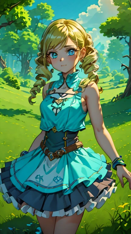 (1girl, Alone, ppgzmyk), (extremely detailed CG unit 8k wallpaper),(master part), (best quality), (ultra detail), (best illustration),(zeldawild), cowboy shot, (Sharp eyeliner, ombre, detailed eyes:1), forest, outdoors background, ,break,  (FanFo), upper body, blue eyes, blonde hair, twin drills, 