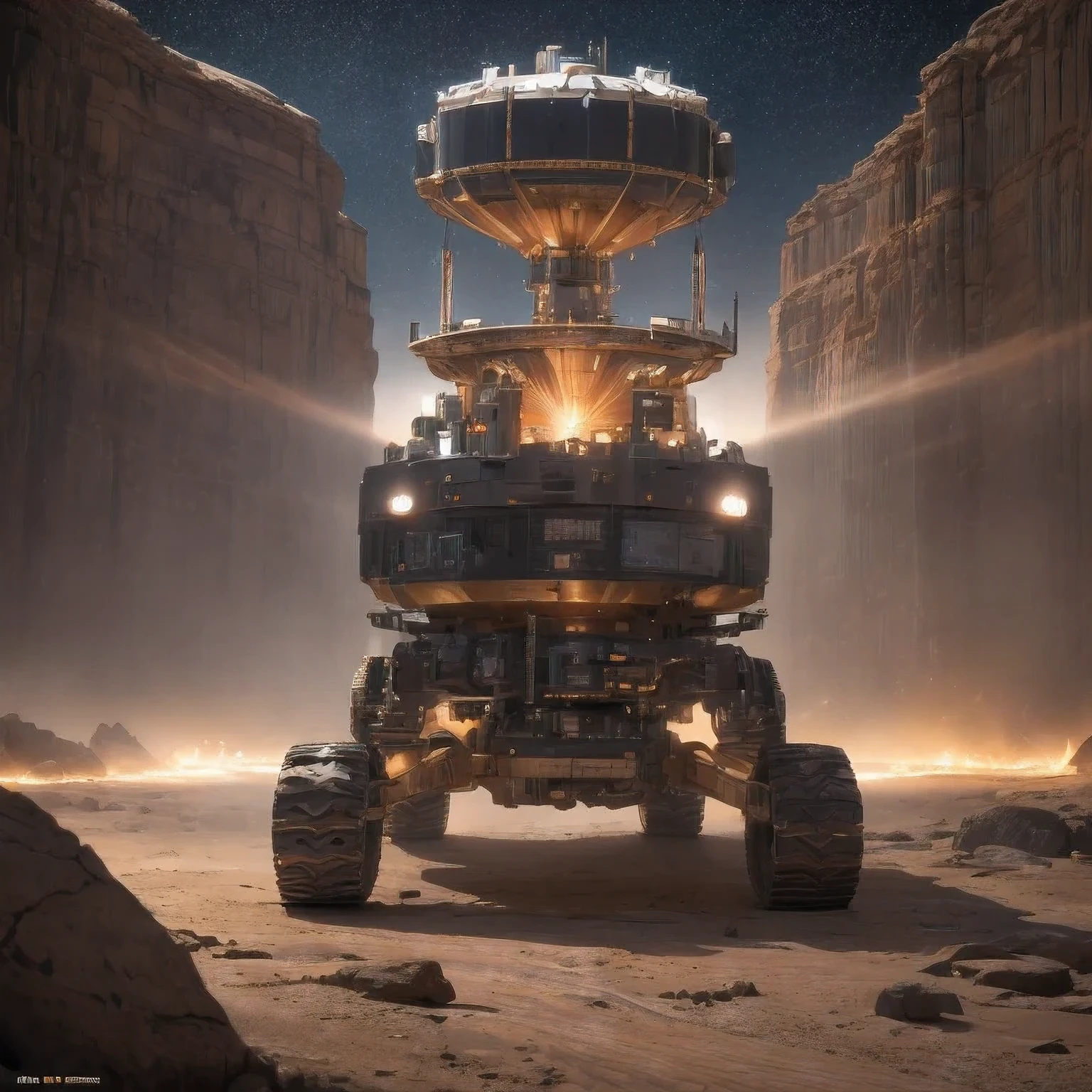 Nuclear-powered stainless steel crawler in the canyon area of Mars sedimentary plains，Snow Red Lithography Machine Assembly Line Future Black Gold Space Station 1:3，Good perspective，High visibility，Starry Sky，Tyndall effect，Light and shadow enhancement，Shining，Particle Effects，Unreal Engine，8 K，Detailed depiction，Soft light and shadow，Ultra wide-angle shooting，High degree of completion，Rich Details，Delicate texture，Strong visual impact，Ultra Detail，High Saturation，Ray Tracing，Light and shadow effects，16 K smoothing，high resolution