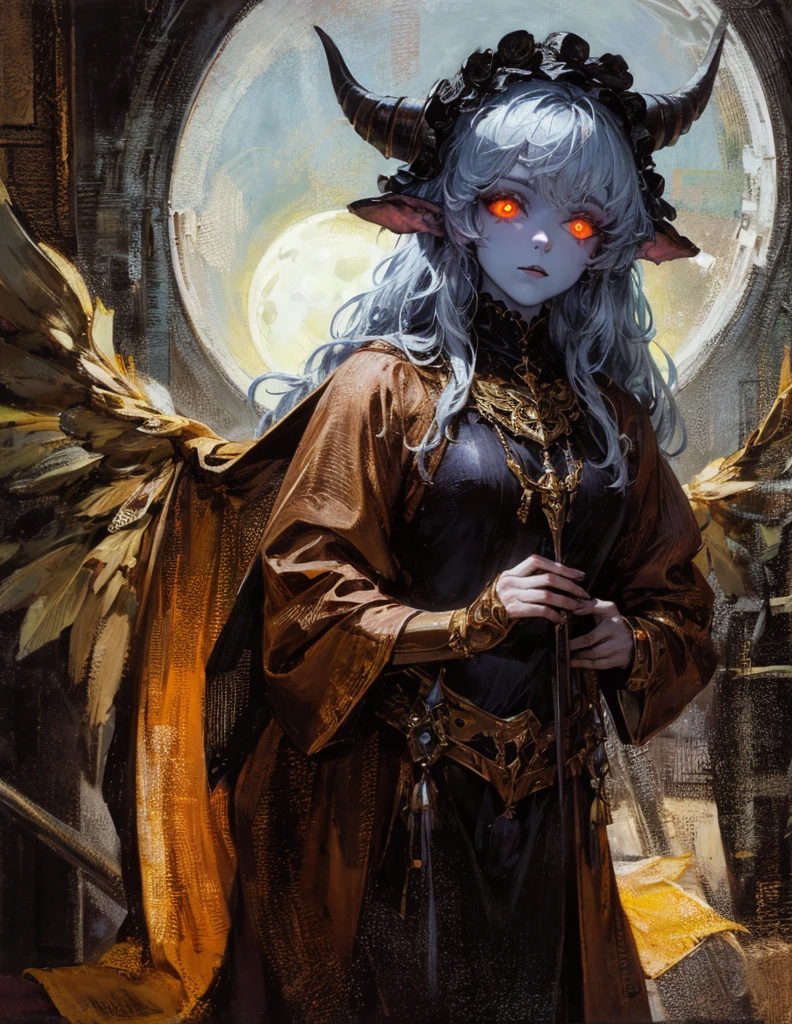 (best lighting) (best quality, masterpiece:1.2), (absurdres), 4k, (detailed eyes), (detailed face), ethereal , demonic woman with ((pale blue skin)) and ((glowing orange eyes)) wearing medieval armour and bodysuit. She has long white hair and is standing in front of a towering gothic castle, illuminated by a large moon over head, curvy, white wings and long horns, dark, moody, ((gothic)), ((dark fantasy)), medieval