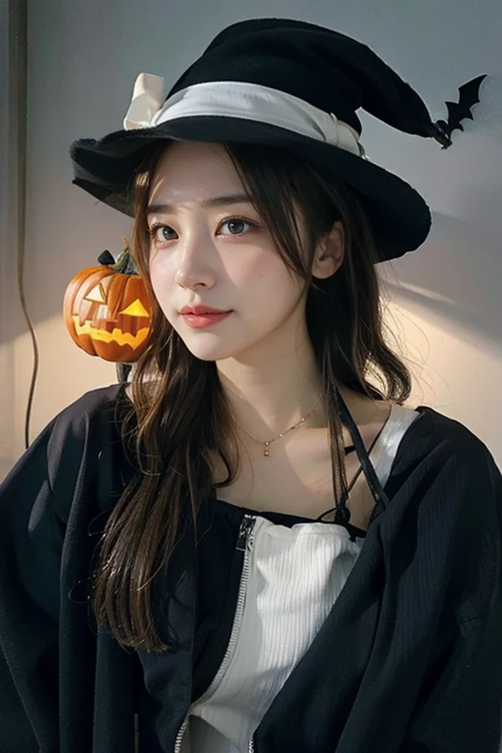 (A hyper-realistic), (hight resolution), (8K), (ighly detailed), (beatiful detailed eyes), (top-quality), (ultra-detailliert), (masterpiece), (A detailed face), softfocus、face of emma watson、Colossal tits、japanes、Halloween Witch Costume、Halloween、pumpkins