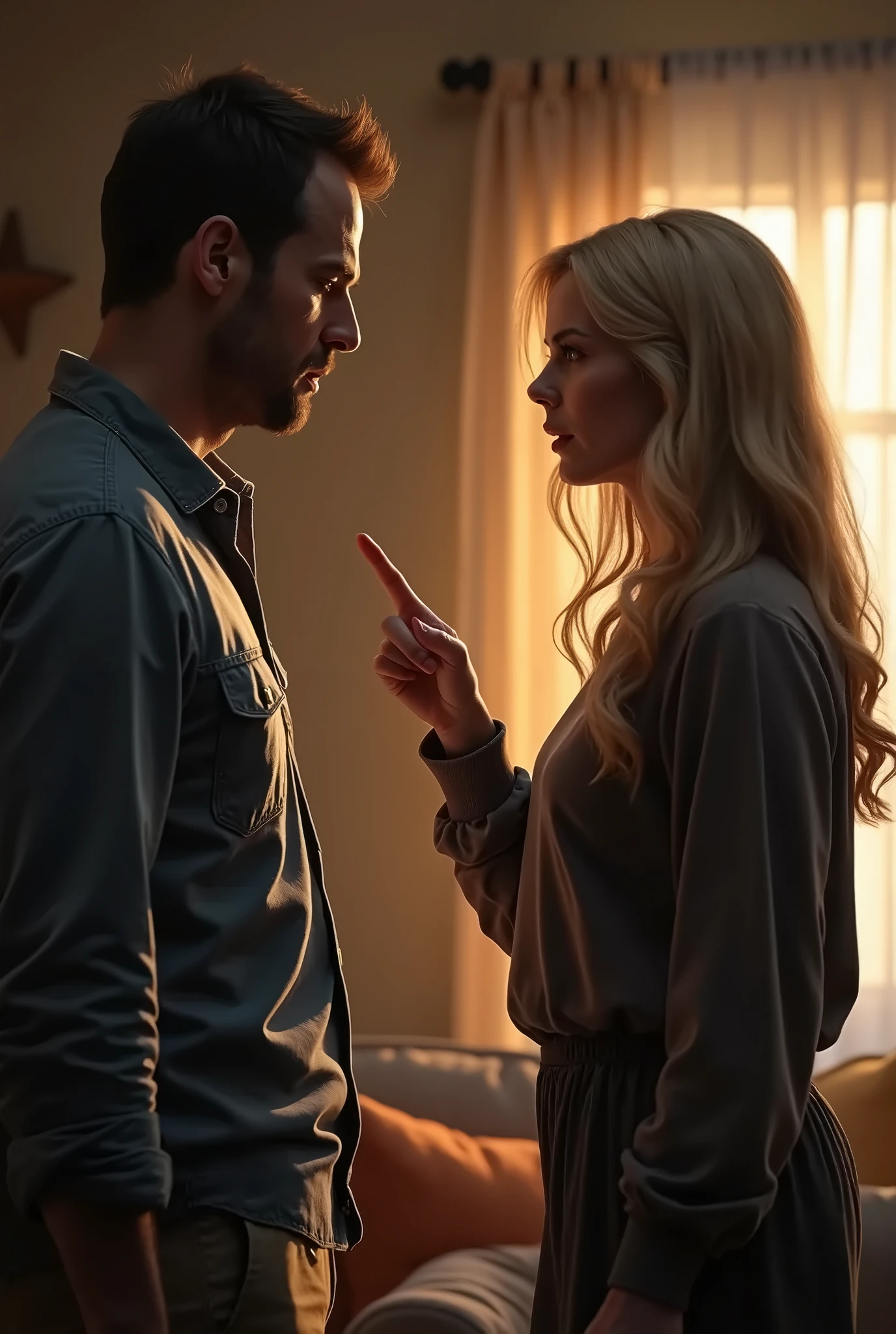 Husband furious with his blonde wife, inside the dark room with little light