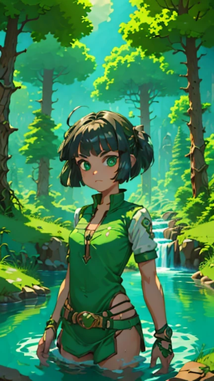 (1girl, Alone, ppgzkor), (extremely detailed CG unit 8k wallpaper),(master part), (best quality), (ultra detail), (best illustration),(zeldawild), cowboy shot, (Sharp eyeliner, ombre, detailed eyes:1), forest, outdoors background, ,break,  (FanFo), upper body, green eyes, bright pupil, black hair