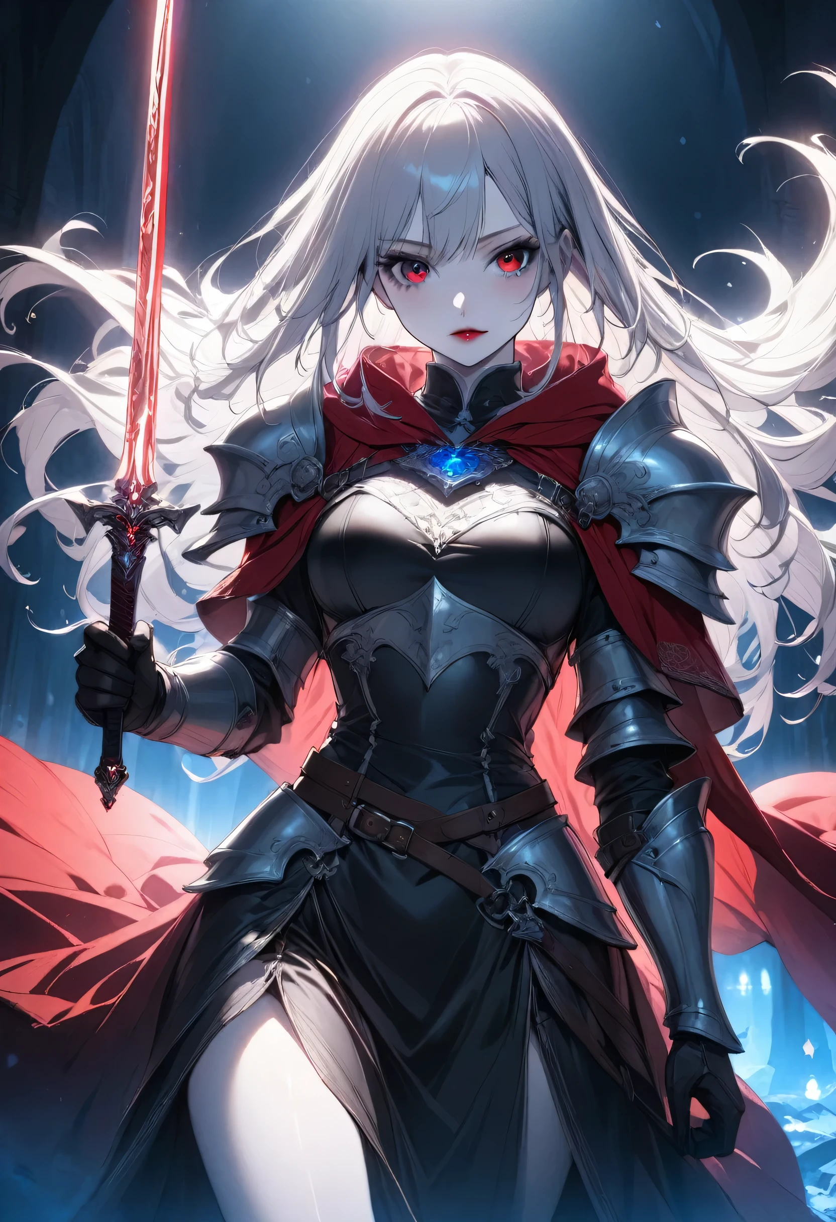 (full body portrait), 1girl, solo, holding weapon, sword, (long silver hair), detailed face, mischief expression, pale white skin, red eyes, (detailed eyes), long eyelashes, black eye liner, red lipstick, black tunic, red cloak, long dress, leather glove, (chest armor), moonlight, hard lighting, blue light, cold light, (medieval theme), (masterpiece), super detailed, best quality, POV, dw01-3400