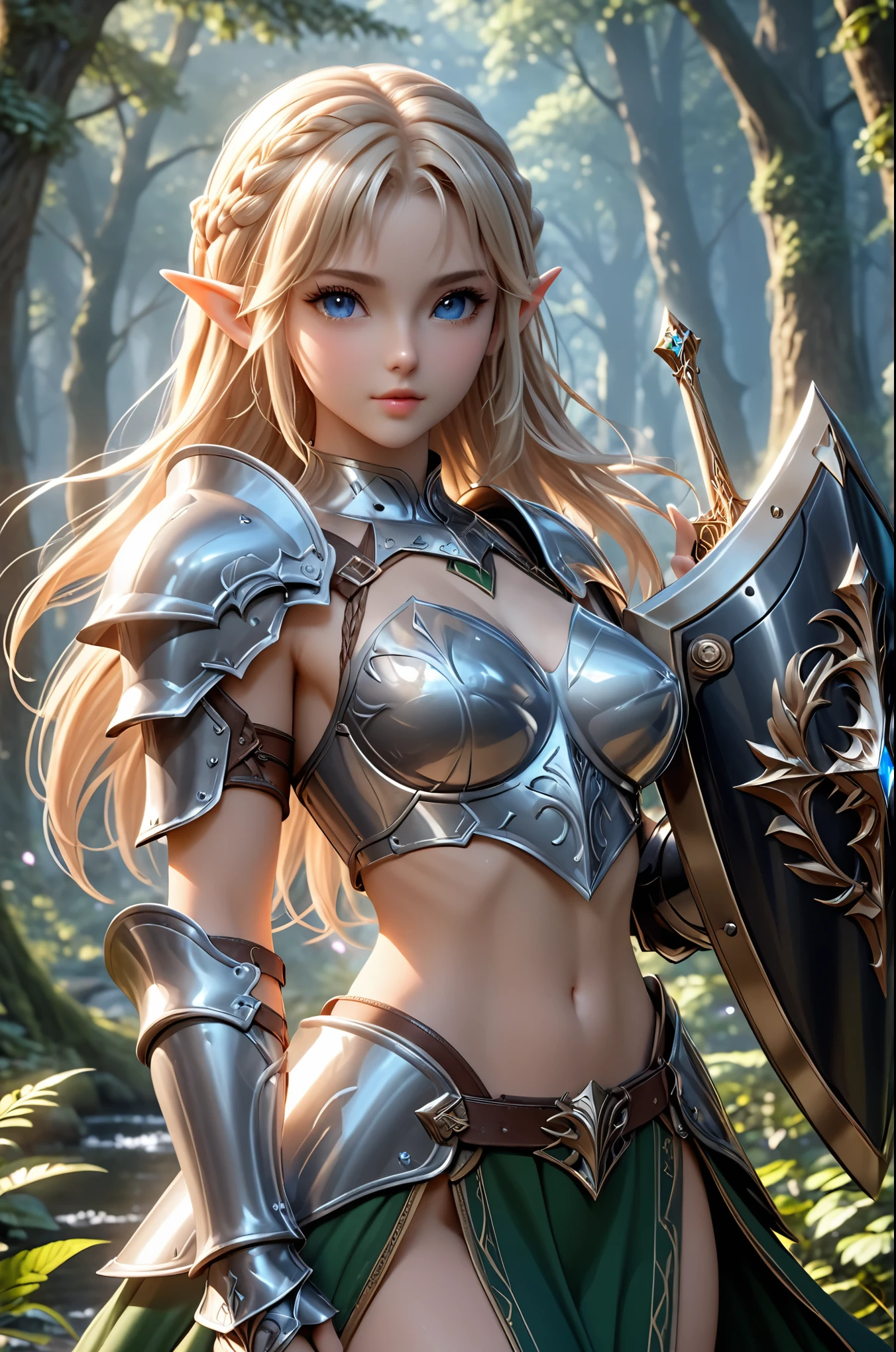Beautiful Alluring female elf knight, Mythology Theme, Fantasy Theme, fair Skin, fair long blond braided hair, a cup size small breasts, Inside A magical forest, Barely Clothed, sword and shield at hand, bikini armor, Beautiful D&D Character Portrait, Beautiful Fantasy, Detailed, Digital Art, Extreme Detail, Polished, Beautiful, Hyperdetailed, Intricate, Elaborate, Meticulous, Anime Character, Detailed, Anime Face, Sharp Focus, Unreal Engine, 3d Rendered, Volumetric Lighting, Reflections, Glossy, Digital Illustration, Sensual Pose, Suggestive Pose, Full Body Shot, small perky breasts, anatomically correct 💖❤💕💋❣