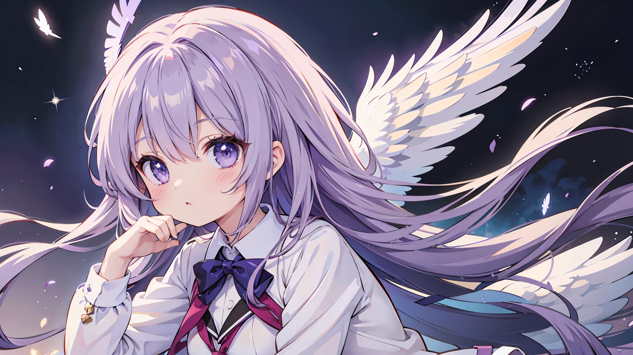 Winged、Purple long hair girl、Azur Lane、Valkyrie、Floating、School、Angel Halo、White school uniform