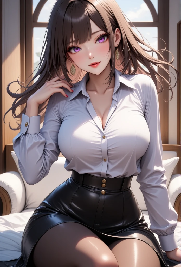 1 mature beautiful woman,(Best Quality,Extremely detailed depiction,Incredibly absurd high definition,Anatomically accurate,Beautiful legs,Detailed pupil,Porcelain-like skin,High quality anime drawings:2.0),(Office Lady,An excellent female secretary,Villainess,Glasses),(business suit,Tight skirt,Formal Shirt,Black tights,Luxurious accessories,High heels),eyelash,(Purple Eyes,Crazy Eyes,Half-closed eyes:2.0,Large Breasts,Wicked Smile:2.0,Glossy lips,Mouth open,Seductive gestures,forward leaning posture),whole body:2.0,