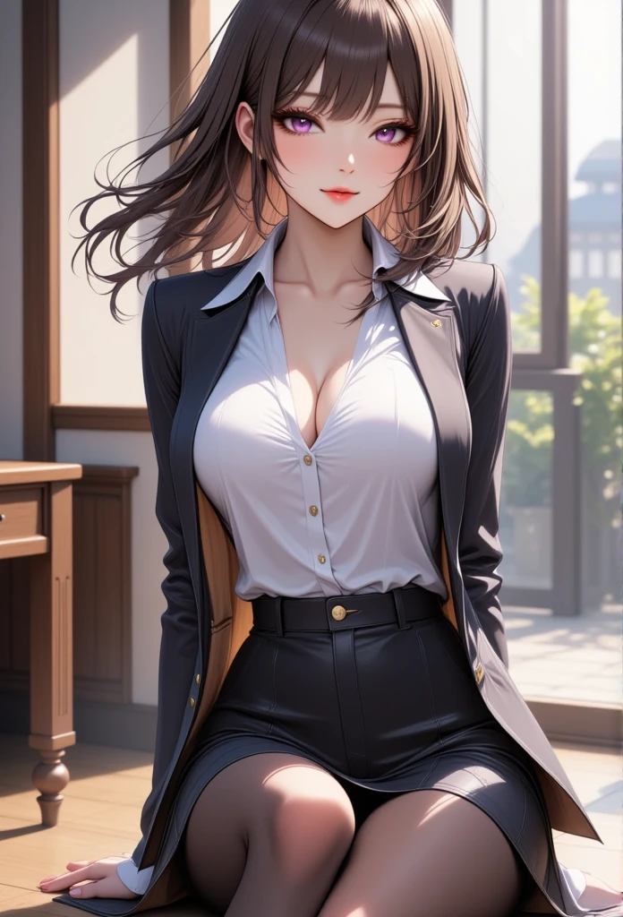 1 mature beautiful woman,(Best Quality,Extremely detailed depiction,Incredibly absurd high definition,Anatomically accurate,Beautiful legs,Detailed pupil,Porcelain-like skin,High quality anime drawings:2.0),(Office Lady,An excellent female secretary,Villainess,Glasses),(business suit,Tight skirt,Formal Shirt,Black tights,Luxurious accessories,High heels),eyelash,(Purple Eyes,Crazy Eyes,Half-closed eyes:2.0,Large Breasts,Wicked Smile:2.0,Glossy lips,Mouth open,Seductive gestures,forward leaning posture),whole body:2.0,