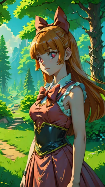 (1girl, Alone, Blossom), (extremely detailed CG unit 8k wallpaper),(master part), (best quality), (ultra detail), (best illustration),(zeldawild), cowboy shot, (Sharp eyeliner, ombre, detailed eyes:1), forest, outdoors background, ,break,  (FanFo), upper body, orange hair, blunt bangs, pink eyes, hair bow, red bow,