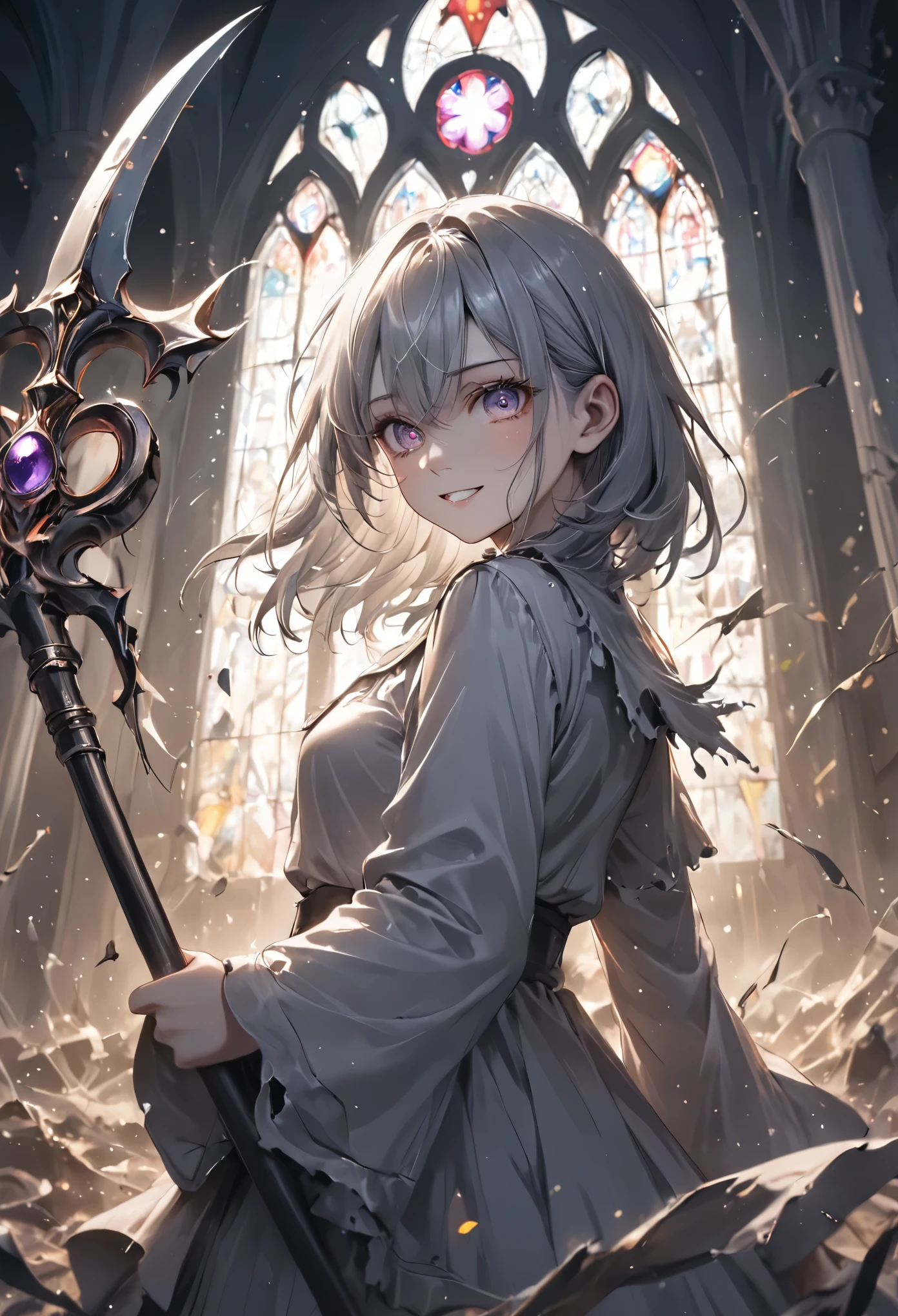 (masterpiece, best quality, vivid colors, sharp contrast, dynamic lighting) A close-up of a silver-haired girl standing in the center of a ruined church, holding a scythe. Her face shows a dangerous, twisted smile as dark clouds gather outside. The wind blows through the broken windows, scattering debris around her, adding a sense of chaotic motion. The vivid silver theme stands out sharply against the dark, gloomy environment, creating a tense and foreboding atmosphere.