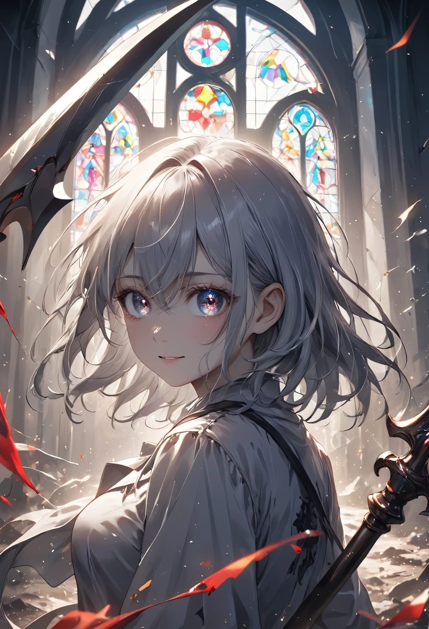 (masterpiece, best quality, vivid colors, sharp contrast, dynamic lighting) A close-up of a silver-haired girl standing in the center of a ruined church, holding a scythe. Her face shows a dangerous, twisted smile as dark clouds gather outside. The wind blows through the broken windows, scattering debris around her, adding a sense of chaotic motion. The vivid silver theme stands out sharply against the dark, gloomy environment, creating a tense and foreboding atmosphere.