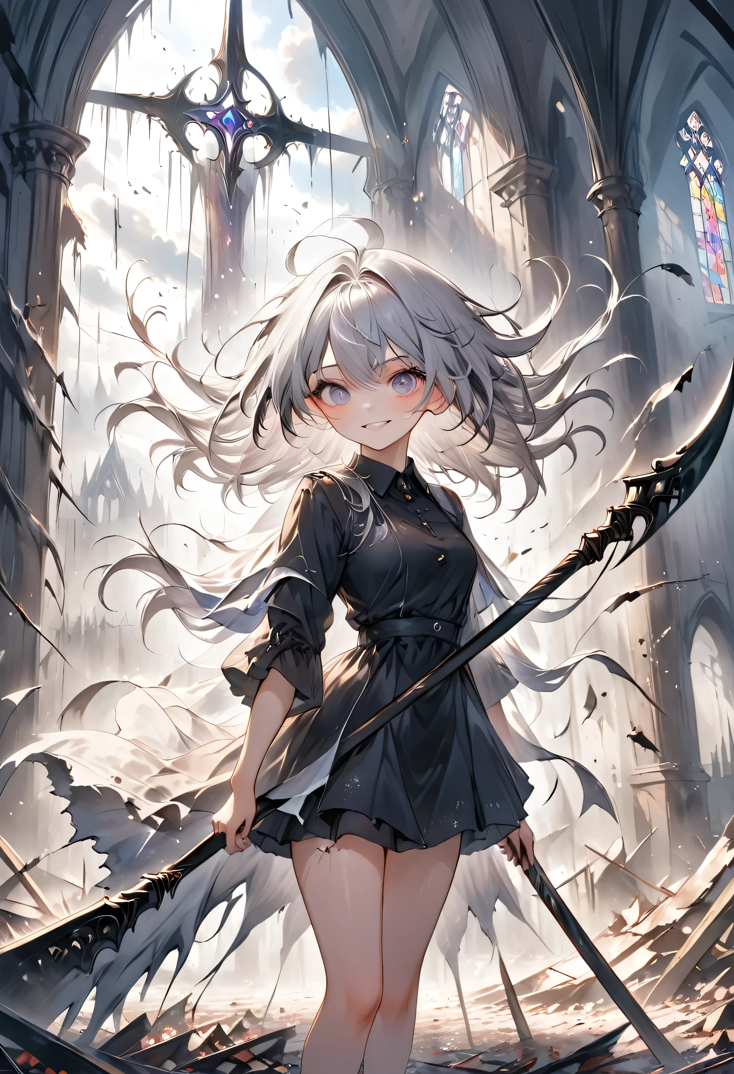 (masterpiece, best quality, vivid colors, sharp contrast, dynamic lighting) A close-up of a silver-haired girl standing in the center of a ruined church, holding a scythe. Her face shows a dangerous, twisted smile as dark clouds gather outside. The wind blows through the broken windows, scattering debris around her, adding a sense of chaotic motion. The vivid silver theme stands out sharply against the dark, gloomy environment, creating a tense and foreboding atmosphere.