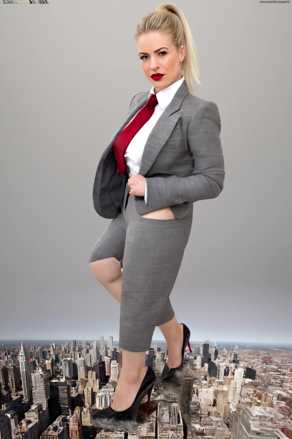 A beautiful giantess woman with blonde hair in a ponytail and red lips, wearing a perfectly fitted grey pinstriped suit and blazer with a large blade width and massive Windsor knot crimson red tie, a crisp white blouse, and black patent Louboutin high heels, stands in a massive city, towering over the skyscrapers at her feet. Her large breasts and curvy figure are prominently featured. She has a confident, slightly annoyed expression as she surveys the tiny destroyed city beneath her. The scene is captured from a high altitude with a cinematic lighting, creating a photorealistic and highly detailed illustration.