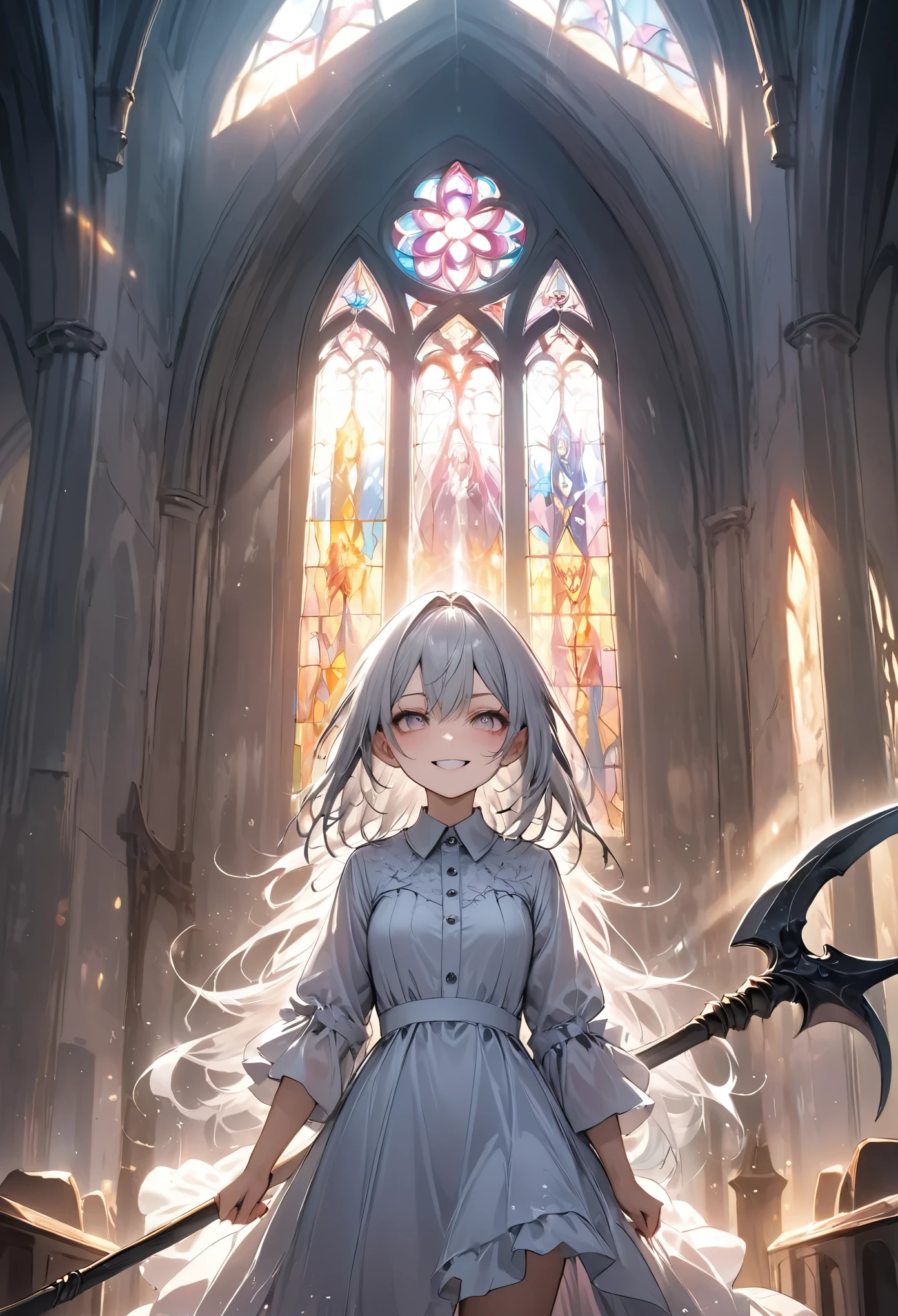 (masterpiece, best quality, pastel tones, light colors, soft focus) ,scary,A silver-haired girl stands at the altar of a forgotten suburban church, clutching a large scythe. Dark, stormy clouds gather overhead, casting pastel shades of silver and grey across the church's stone walls. The girl’s malicious smile cuts through the serene scene, hinting at hidden madness. The light from the setting sun pours through the stained glass, creating an ethereal yet unnerving atmosphere of impending chaos.