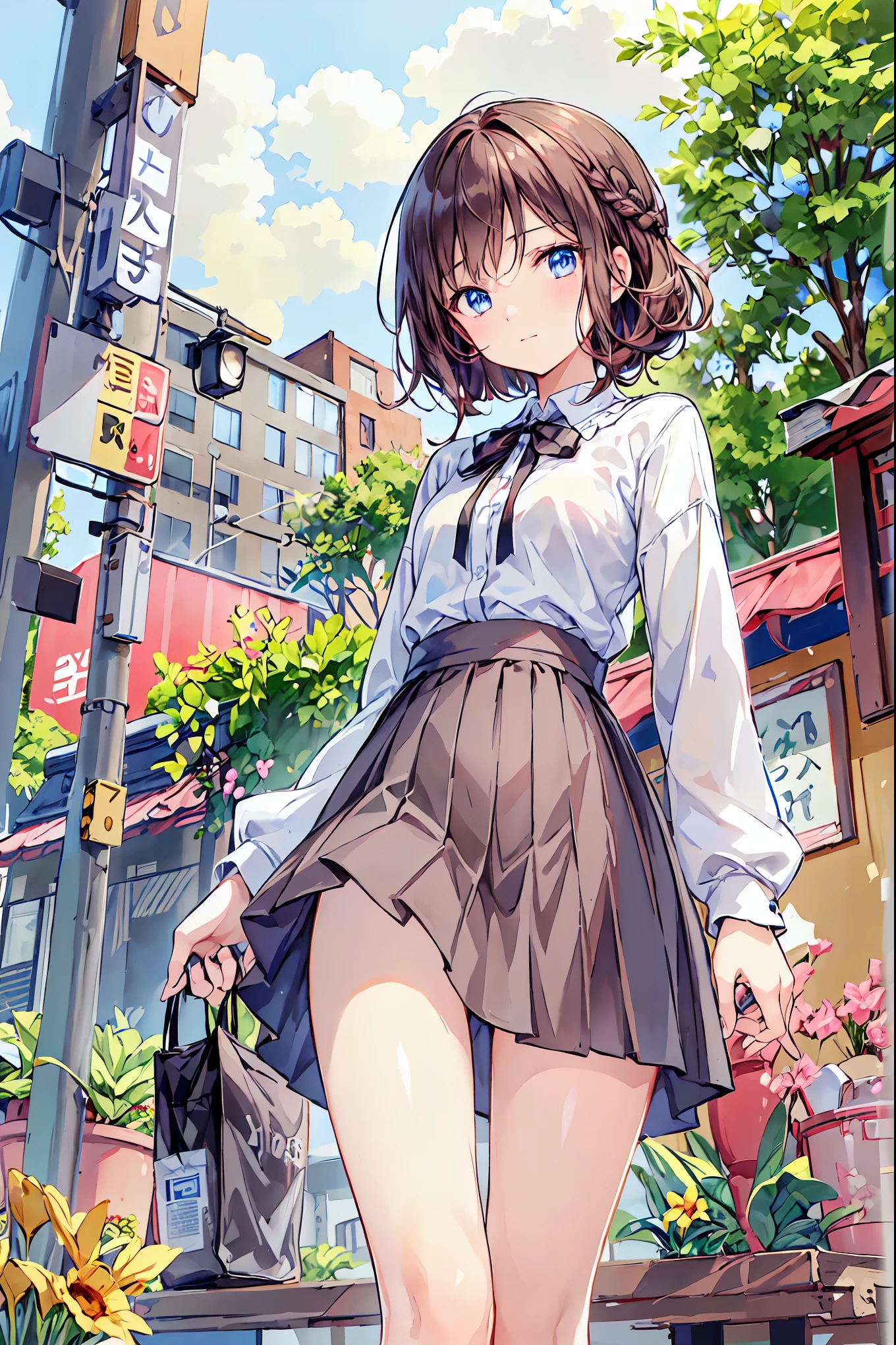 masterpiece, best quality,
1girl, view from below,
(lift up the plaid skirt:1.4), (summer school uniform:1.3), black panties, black hair, smile,
sandy beach,