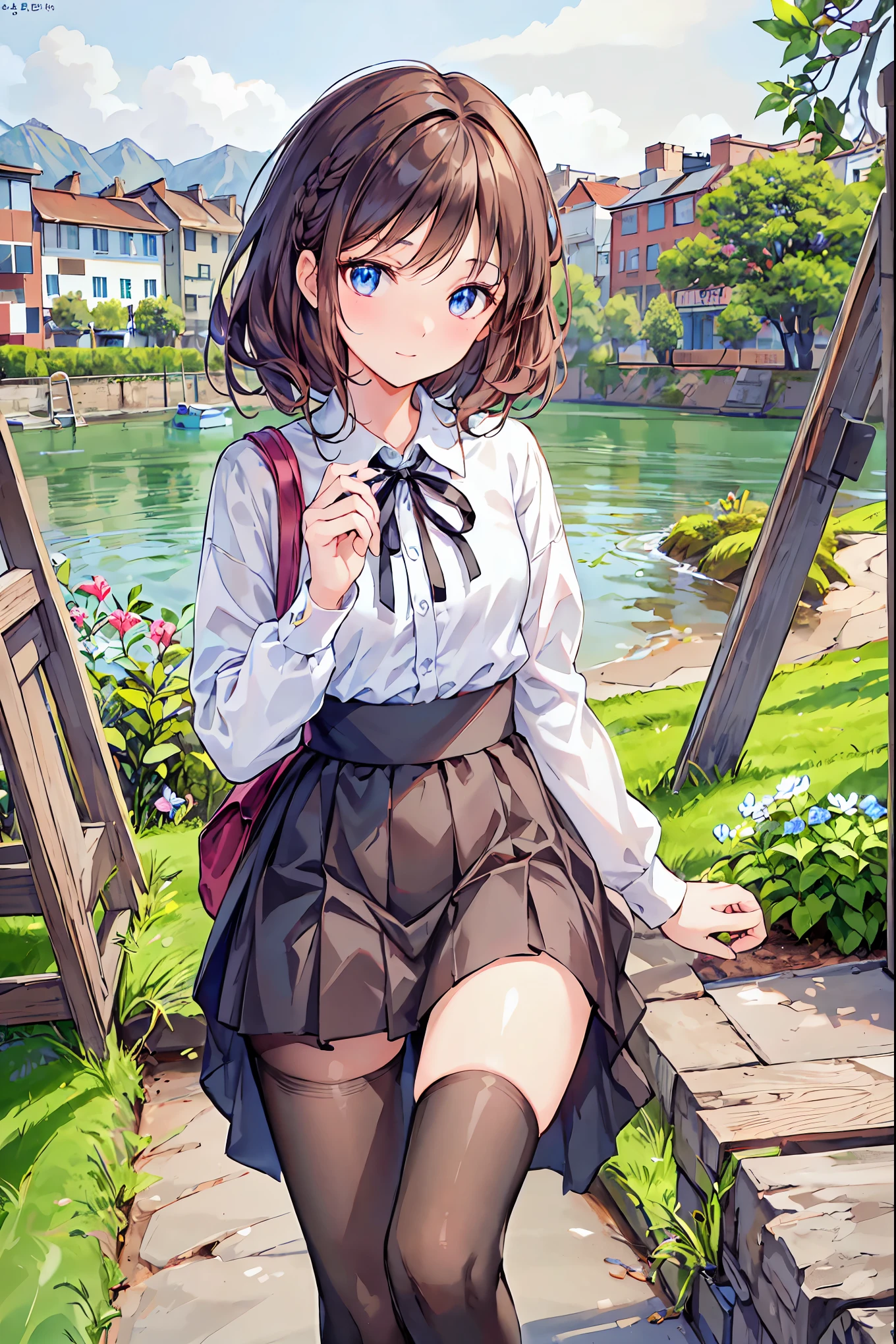 aoi, solo, 1girl (sitting in a garden:1.4) with (short brown hair:1.2) and (green eyes:1.3) and wearing (pleated skirt and brown vest and collared shirt and blue bow and black thighhigh:1.3)
{{{masterpiece}}}, {{best quality, super fine illustration}}, ((dense hair)),  ((beautiful eyes)),{very delicate light, perfect and delicate limbs}, {{ fine luminescence ,very fine 8K CG wallpaper}}, ((an extremely delicate and beautiful girl)), dynamic angle, l (staring blankly, lovely big eyes), beautiful detailed eyes, (absurdres, incredibly absurdres, illustration, ultra-detailed),
solo, high quality, CG, wallpaper, anime girl,dense hair, cute face, two legs, detailed hair, (very detailed hair), (beautiful eyes), Na-ga style
