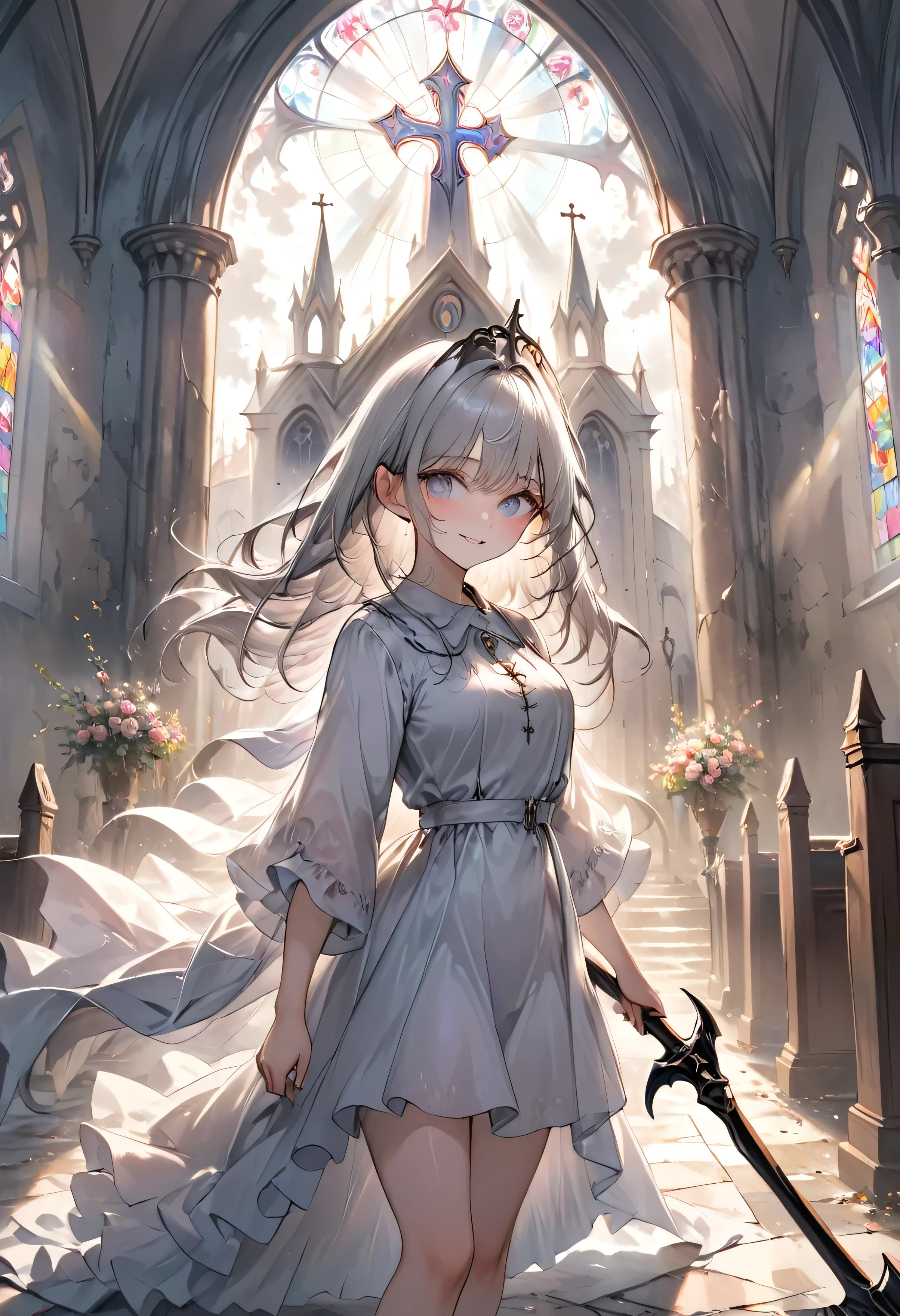 (masterpiece, best quality, pastel tones, light colors, soft focus) ,scary,A silver-haired girl stands at the altar of a forgotten suburban church, clutching a large scythe. Dark, stormy clouds gather overhead, casting pastel shades of silver and grey across the church's stone walls. The girl’s malicious smile cuts through the serene scene, hinting at hidden madness. The light from the setting sun pours through the stained glass, creating an ethereal yet unnerving atmosphere of impending chaos.