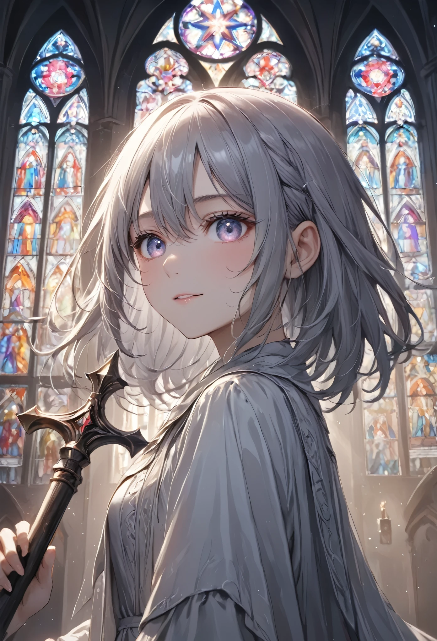 (masterpiece, best quality, pastel tones, light colors, soft focus) ,scary,A silver-haired girl stands at the altar of a forgotten suburban church, clutching a large scythe. Dark, stormy clouds gather overhead, casting pastel shades of silver and grey across the church's stone walls. The girl’s malicious smile cuts through the serene scene, hinting at hidden madness. The light from the setting sun pours through the stained glass, creating an ethereal yet unnerving atmosphere of impending chaos.