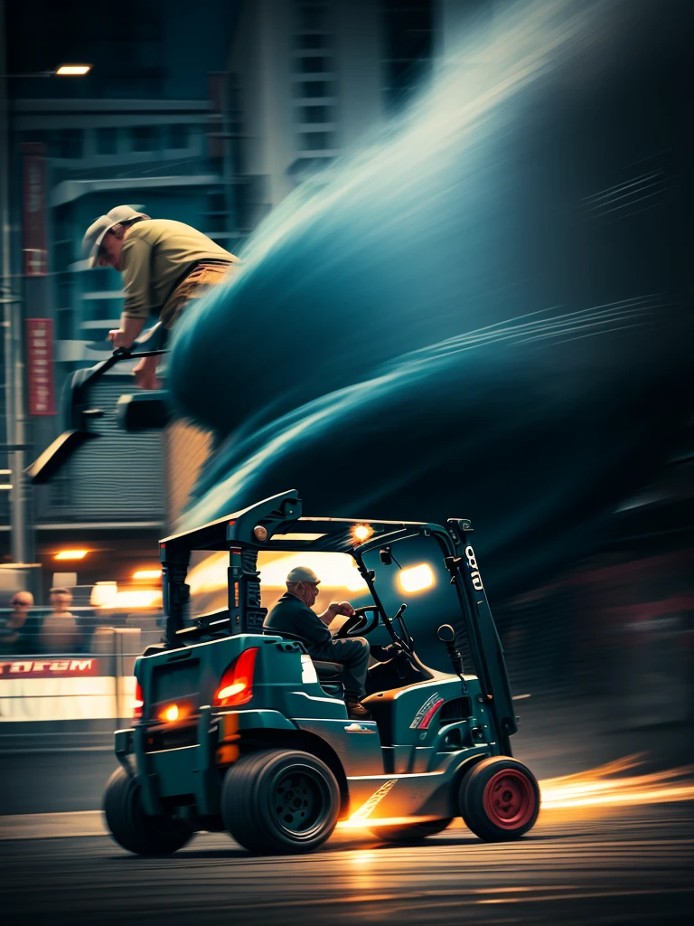 Forklift and old man
 , ( soft focus , Shallow focus , dim light) , tail slide blur , drift , cardrifting , tail light blur