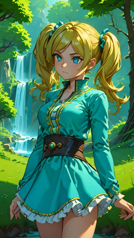 (1girl, Alone, Bubbles), (extremely detailed CG unit 8k wallpaper),(master part), (best quality), (ultra detail), (best illustration),(zeldawild), cowboy shot, (Sharp eyeliner, ombre, detailed eyes:1), forest, outdoors background, ,break,  (FanFo), upper body, yellow-blonde hair, blue eyes, short twintails, pigtails