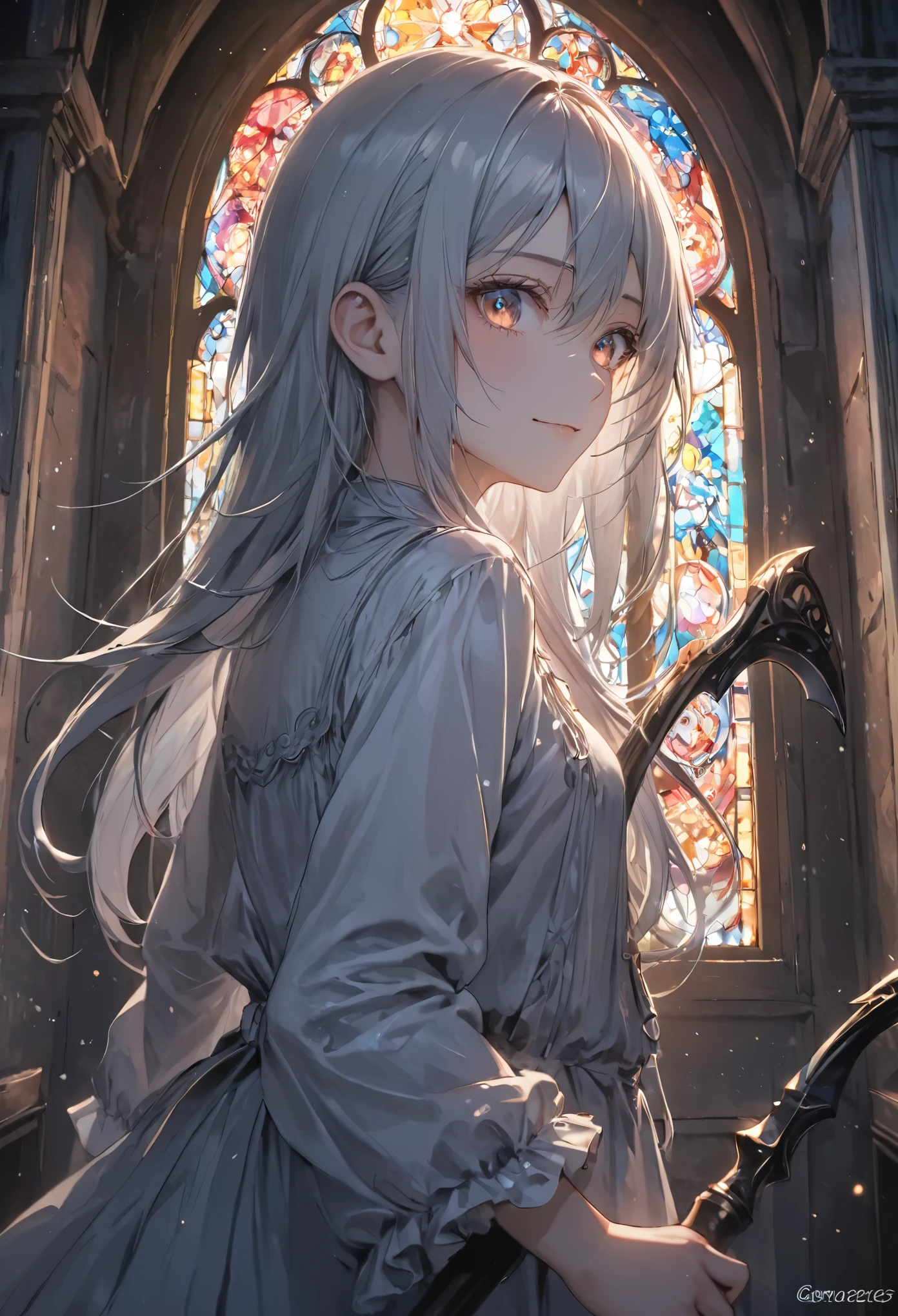 (masterpiece, best quality, ultra-detailed, anime style, vibrant colors, smooth shading),scary, A close-up of a young girl with silver hair standing in the center of a dimly lit, abandoned church. She holds a large scythe in her hand, her eyes glinting with madness as dark clouds swirl ominously in the background. The eerie light from the evening sun pierces through the stained glass windows, casting distorted pastel-colored reflections on the stone walls. Her smile is unsettling, filled with a sense of malice.
