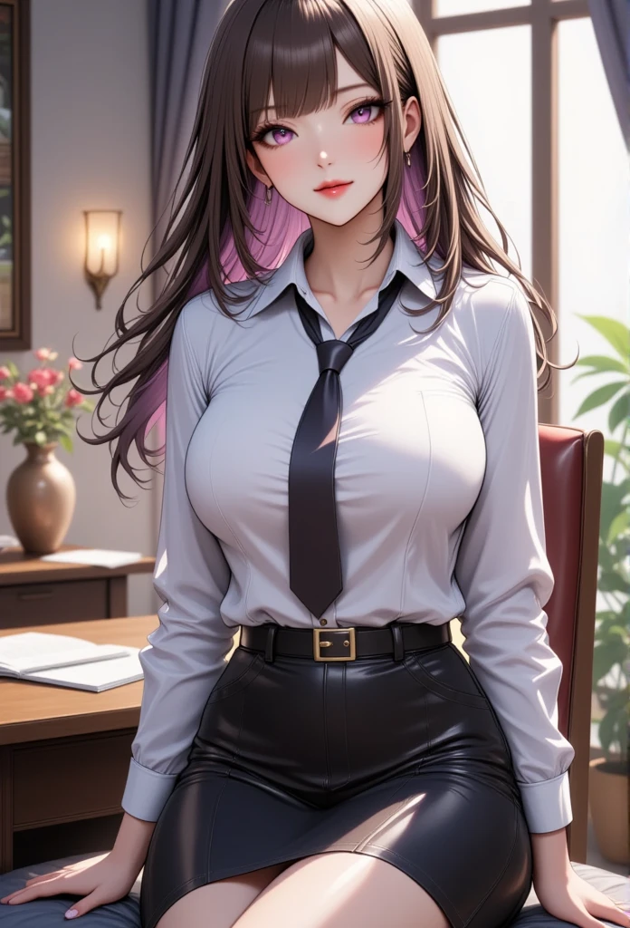 1 mature beautiful woman,(Best Quality,Extremely detailed depiction,Incredibly absurd high definition,Anatomically accurate,Beautiful legs,Detailed pupil,Porcelain-like skin,High quality anime drawings:2.0),(Office Lady,An excellent female secretary,Villainess,Glasses),(business suit,Tight skirt,Formal Shirt,tie,Black tights,Luxurious accessories,High heels),eyelash,(Purple Eyes,Crazy Eyes,Half-closed eyes:2.0,Large Breasts,Wicked Smile:2.0,Glossy lips,Mouth open:1.5,Seductive gestures,forward leaning posture),whole body:2.0,