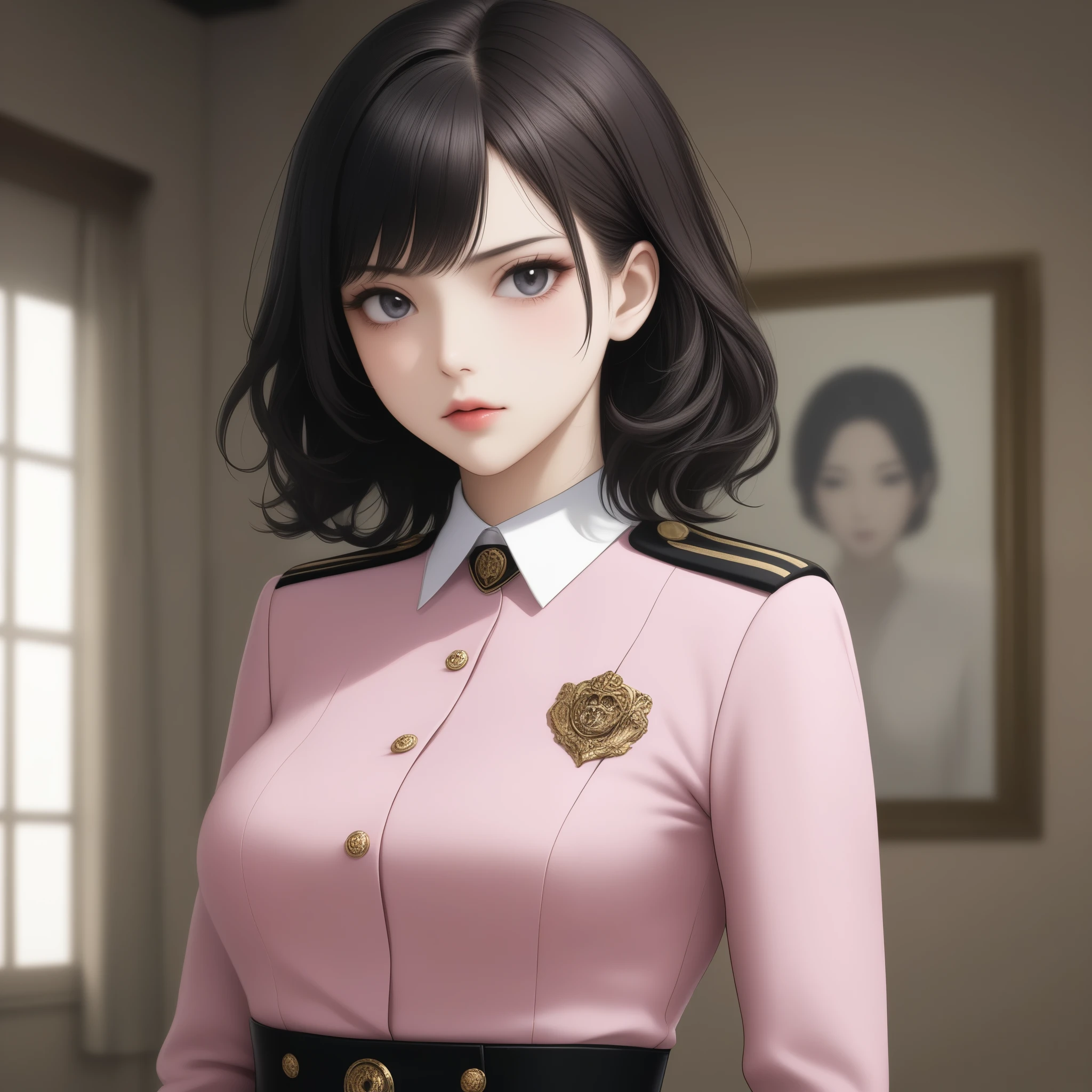 8k, Ultra-high resolution, Best Quality, masterpiece, 三分割法によるphotograph,Surreal, photograph, 1 , (Girl:1.3), cute, cute顔, 細部までBeautiful Eyes, 細かくdetailedに,masterpiece,一人Girl:1.2,Japanese women,flight attendant,extream close up,glaring,Black Short hair,Loose curly hair,ID photo,imitative of a style, fashion or design from the recent past,Luxurious and gorgeous,Large windows,((Wear a uniform:1.5)),Overly decorative fashion,Lavish Decoration,(BDSM Mistress),(With collar),(Upper class lady:1.pressions of despair,Dark and atmospheric lighting,Subtle details, detailedな顔,anger,Attractive eyes,(ポートレートphotograph:1.4),(Photorealistic images:1.4),Fantasy art,(Beautiful Face:1.4),美しくAttractive eyes、Beautiful Eyes,Silver Remaining,(Tight waist:1.4)、(Beautiful with perfect body proportions:1.4),Pink Lips,profile,(((Ideal body type))),A cup small bust :2,、Portraiture:2、Perfect 、鮮明なdetailed、detailed,Thin lips,完璧でBeautiful Face ,完璧でcute顔, Detailed skin, Perfect limbs、Narrow waist,Surreal,Light and Shadow,spotlight