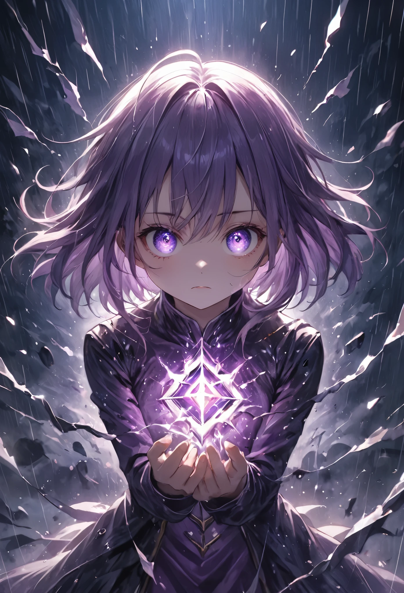 (masterpiece, best quality, illustration, vivid colors, dynamic lighting) , scary,betrayed demon, full body,standing alone in the rain as the skies turn purple with an approaching storm. Their expression is one of anguish, and their glowing purple eyes reflect the pain of past betrayals. They hold a shattered religious relic in their hand, a symbol of the shattered faith they once followed. The storm behind them symbolizes the calamity they will bring upon the world in revenge.
