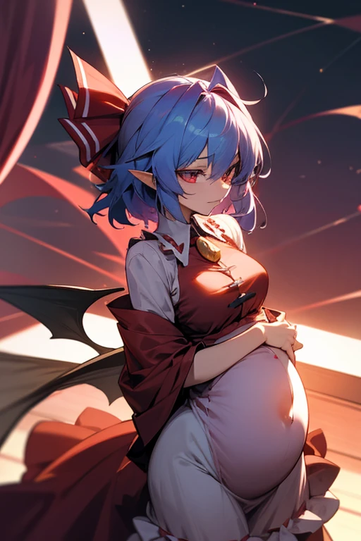 アニメのFemboy,Fine skin, cute, Very detailed, 8kのVery detailedな顔, remilia_scarlet_touhou, red_eyes, short_hair, bat_wings, wings, hat, blue_hair, hair_between_eyes, bangs, smile, red_ribbon, ((Femboy)), (((Completely naked))), otoko no ko , a feminine boy, Super long twin tails, Hair Ribbon, pussy line, Straddle, Spread your legs