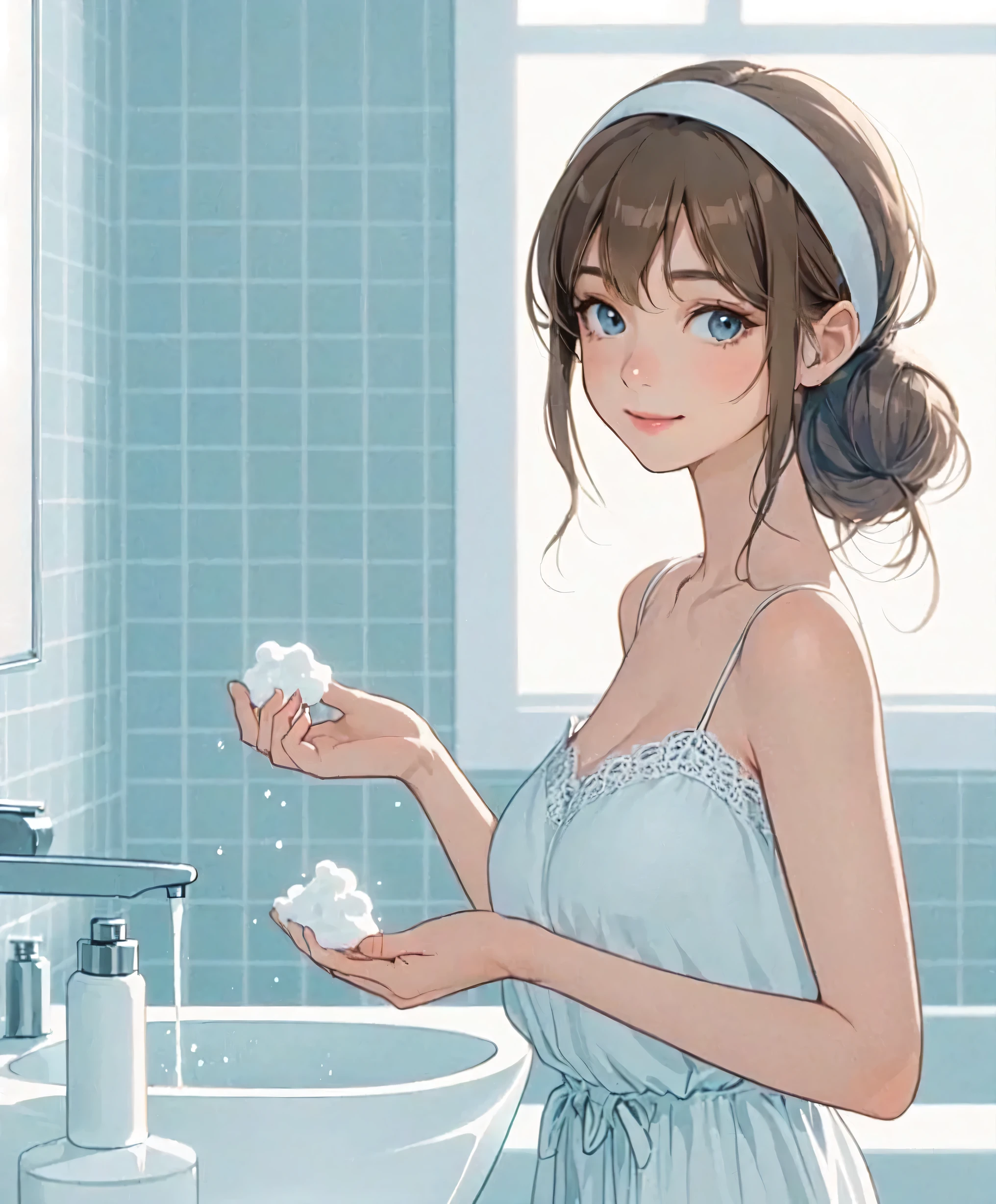 1lady solo, (standing in front of washbasin), (holding delicate white foam) in hand, (lounge wear), (mature female:0.7), /(reddish-brown hair/) bangs, headband, kind smile, (masterpiece best quality:1.2) delicate illustration ultra-detailed, large breasts, (skincare routine) BREAK (light blue room) indoors, washbasin, morning, detailed background