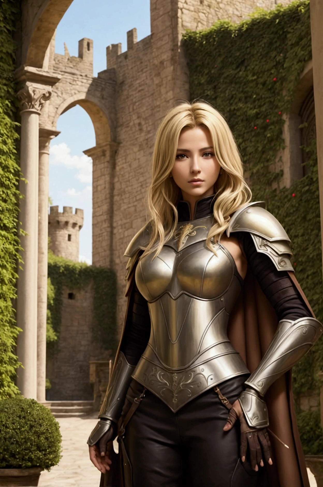 Portrait of a girl, The most beautiful in the world, (Medieval Shield), Metal reflections, Upper body, outdoors, intense sunlight, Distant castle, Professional portrait of a detailed amazing woman, sharp focus, dramatic, award winning, cinematic lighting, الحجمي DTX, (grain du film, blurry background, blurry foreground, bokeh, Depth-of-field, Sunset,interaction, Perfect Chainmail), (巨作), (extremely intricate:1.3), (Realistic),