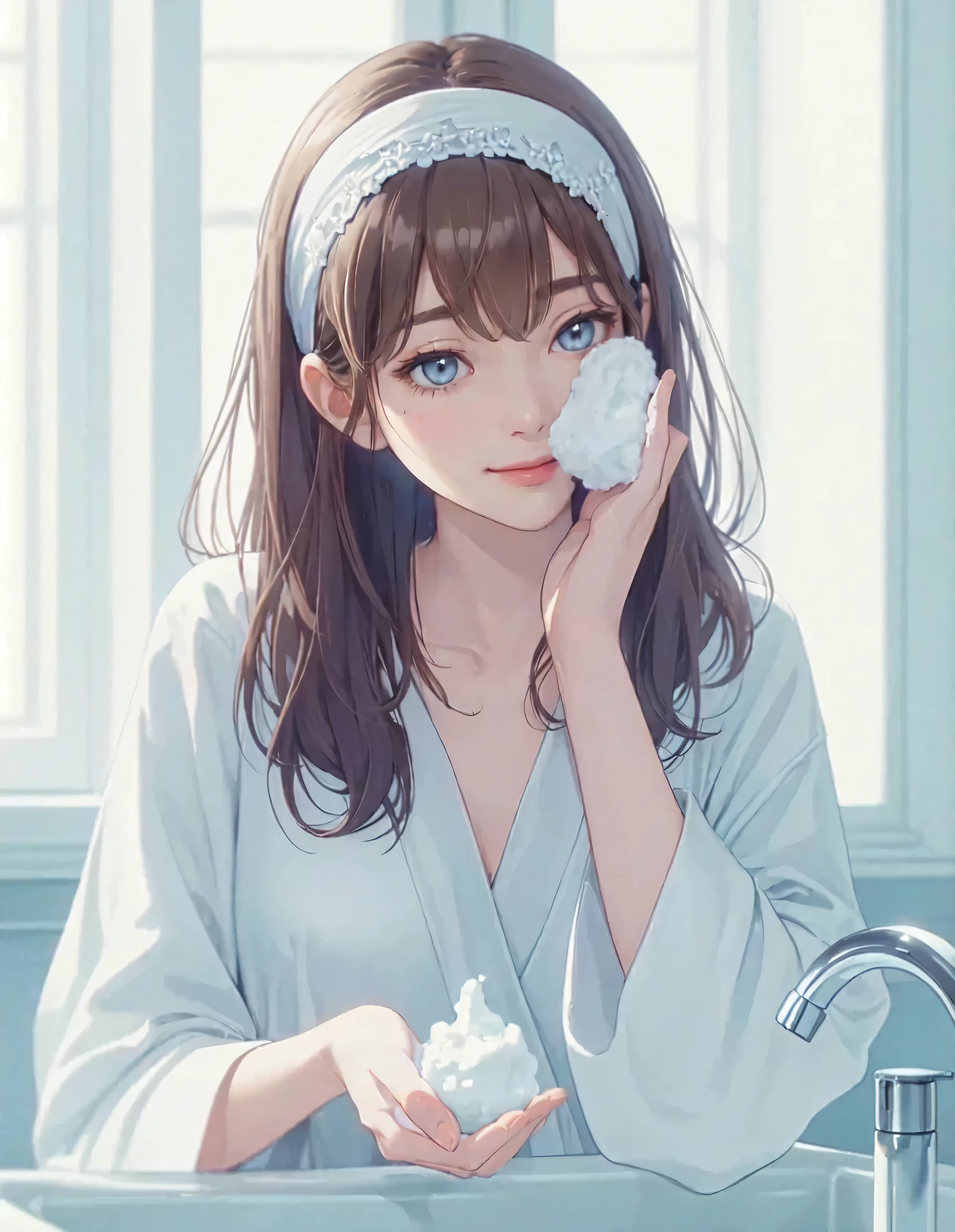 1lady solo, (standing in front of washbasin), (holding delicate white foam) in hand, (lounge wear), (mature female:0.7), /(reddish-brown hair/) bangs, headband, kind smile, (masterpiece best quality:1.2) delicate illustration ultra-detailed, large breasts, (skincare routine) BREAK (light blue room) indoors, washbasin, morning, detailed background