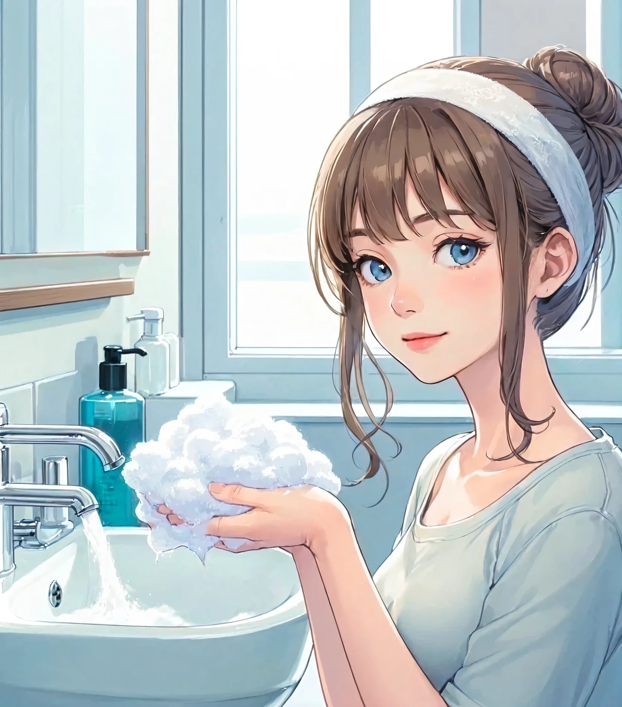 1lady solo, (standing in front of washbasin), (holding delicate white foam) in hand, (lounge wear), (mature female:0.7), /(reddish-brown hair/) bangs, headband, kind smile, (masterpiece best quality:1.2) delicate illustration ultra-detailed, large breasts, (skincare routine) BREAK (light blue room) indoors, washbasin, morning, detailed background