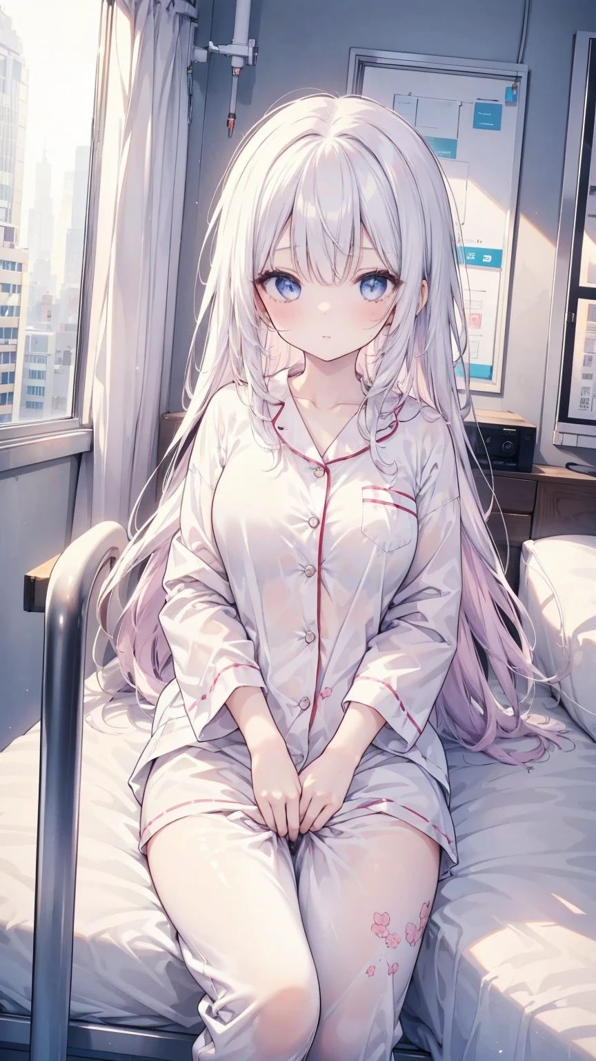 1 girl,fuwafuwa mix,hospital,on the bed,white hospital room,pajama,Lying down,sick girl,Intravenous drip,hospital room, in drip, white pajamas,