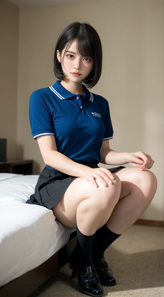 muste piece, best quality, illustration, Super detailed, fine details, High resolution, 8K,wall paper, perfect dynamic composition,(Details High quality, realistic depiction of eyes:1.3), (blue Polo shirt with collar), pleated skirt, large breasts,short bob hair, black hair color, Big Natural Color Lip, bold sexy pose, crying a little、cold gaze, Harajuku style、20 year old girl、cute type、ta、beautiful legs, hotel room, hposing Gravure Idol, woman on top, straddling, sitting)