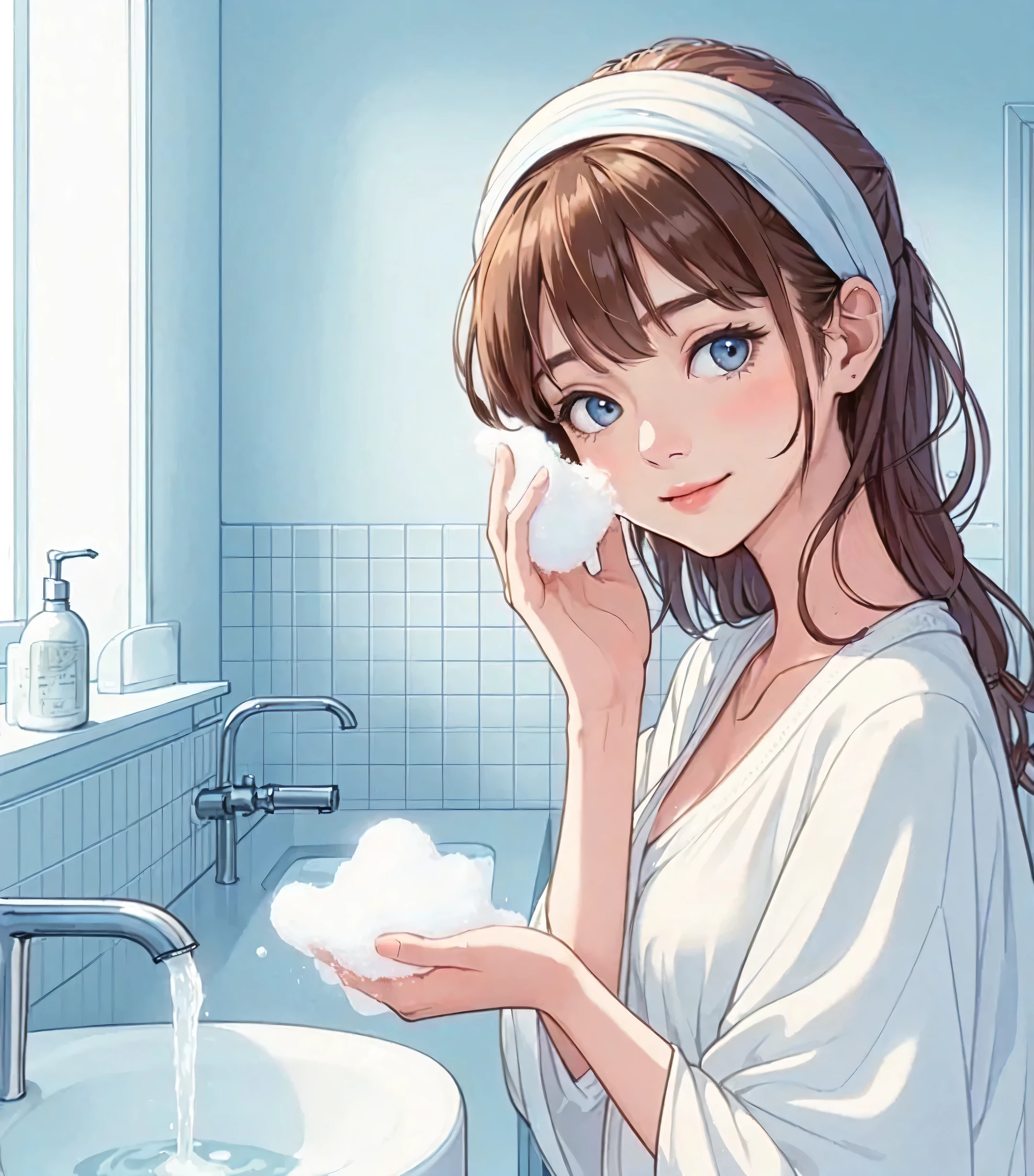 1lady solo, (standing in front of washbasin), (holding delicate white foam) in hand, (lounge wear), (mature female:0.7), /(reddish-brown hair/) bangs, headband, kind smile, (masterpiece best quality:1.2) delicate illustration ultra-detailed, large breasts, (skincare routine) BREAK (light blue room) indoors, washbasin, morning, detailed background