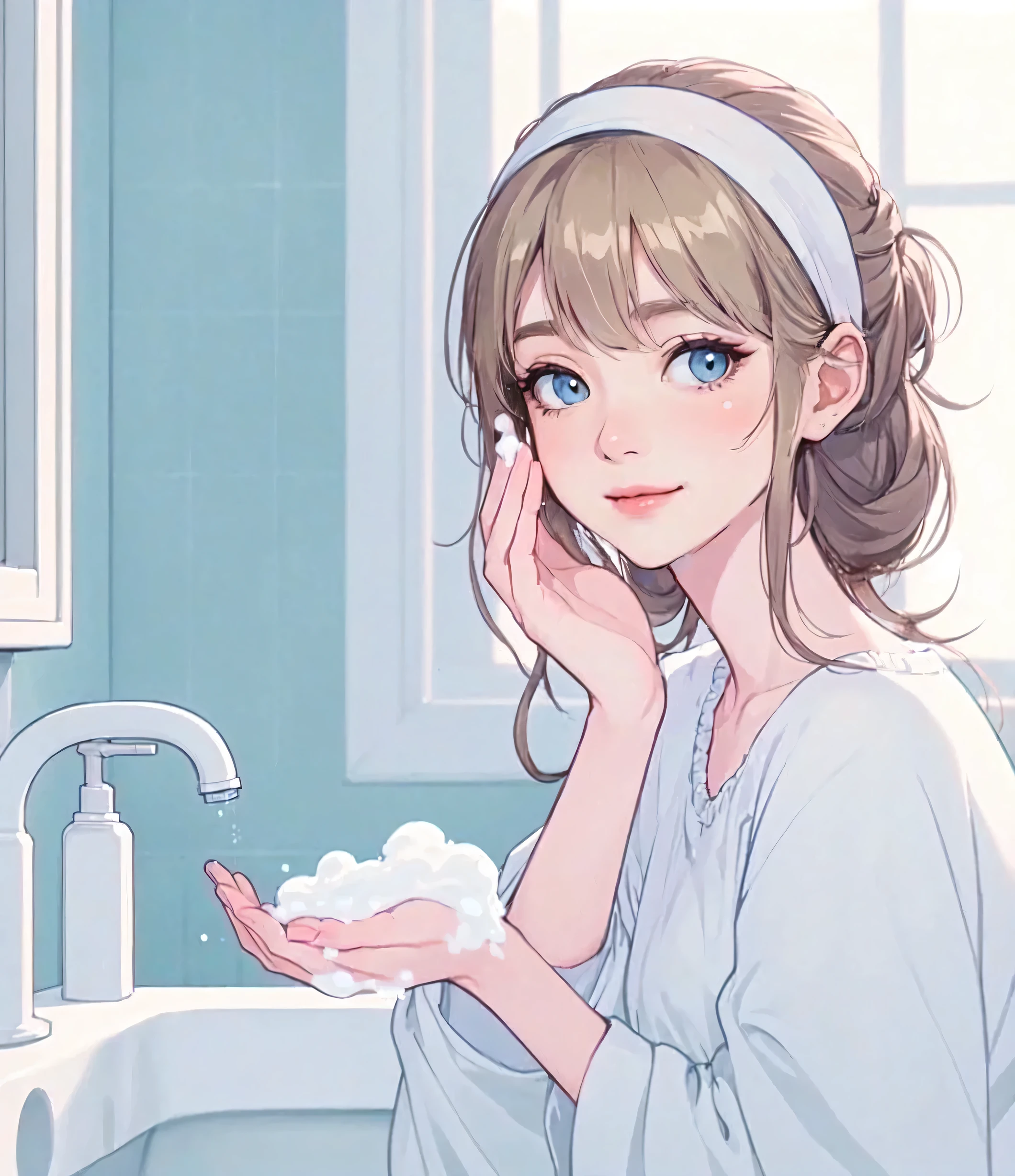 1lady solo, (standing in front of washbasin), (holding delicate white foam) in hand, (lounge wear), (mature female:0.7), /(reddish-brown hair/) bangs, headband, kind smile, (masterpiece best quality:1.2) delicate illustration ultra-detailed, large breasts, (skincare routine) BREAK (light blue room) indoors, washbasin, morning, detailed background