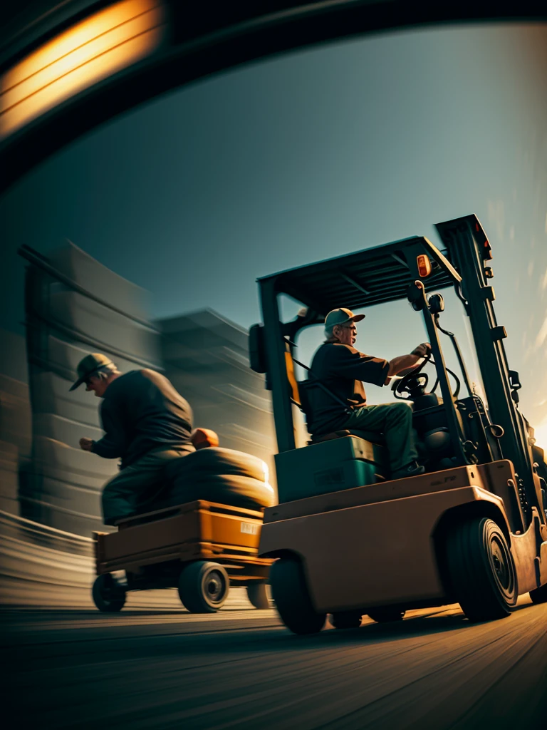 Forklift and old man
 , ( soft focus , Shallow focus , dim light) , tail slide blur , drift , cardrifting , tail light blur