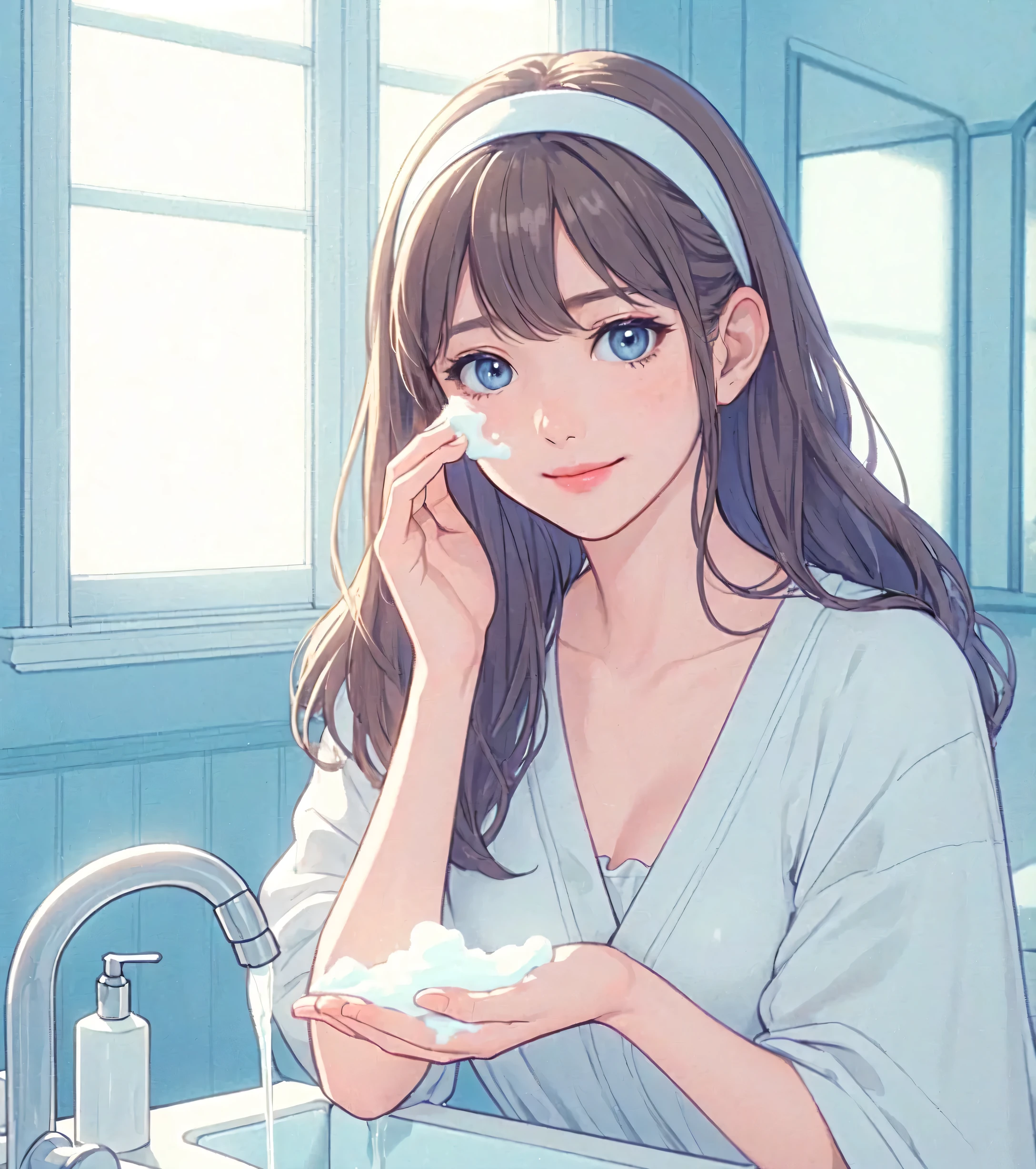 1lady solo, (standing in front of washbasin), (holding delicate white foam) in hand, (lounge wear), (mature female:0.7), /(reddish-brown hair/) bangs, headband, kind smile, (masterpiece best quality:1.2) delicate illustration ultra-detailed, large breasts, (skincare routine) BREAK (light blue room) indoors, washbasin, morning, detailed background