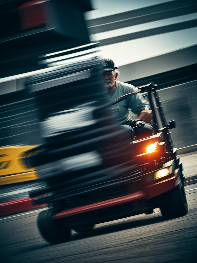 Forklift and old man
 , ( soft focus , Shallow focus , dim light) , tail slide blur , drift , cardrifting , tail light blur