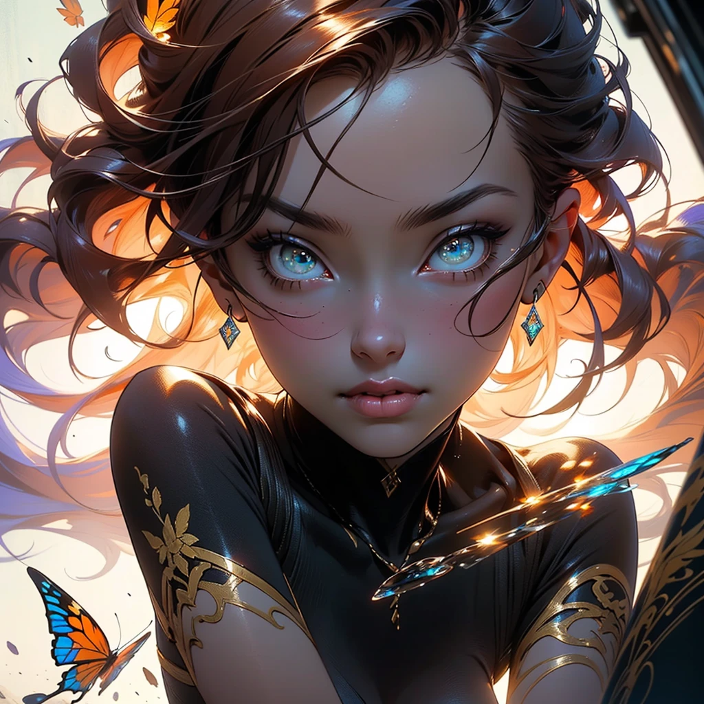 (((masterpiece))), (((best quality))), ((ultra-detailed)),(highly detailed CG illustration), ((an extremely delicate and beautiful)),cinematic light, Create a stunning fantasy artwork that mimics the style of currently trending masters of the genre. The art piece should contain elements of both mythic fantasy and fairytale fantasy with colorful rainbow accents and dark jewel-toned hues. ((Utilize the rainbow as the main color scheme.)) The character in the artwork is a delicate but strong  figure with an aura of mystery and magic. Pay close attention to intricate facial features, such as mesmerizing eyes with vibrant colors and bold shading. The character's clothing should be designed with gossamer feathers, silk, stunning embroidery, and subtle iridescent details. Incorporate (((translucent iridescent rainbows))), dreamy colors, dynamic lighting, and detailed background elements to create a sense of awe and immersion. ((Include colorful flying magical birds and jewel-toned rainbow butterflies radiating a magical aura.)) Consider the latest trends in fantasy art, such as incorporating unique lighting effects, exploring dynamic and compelling composition techniques, and experimenting with unique color palettes. Take inspiration from the top artists on ArtStation and Midjourney. Camera: Choose an angle that highlights the character's beauty and enhances the magical majesty of the artwork. Lighting: Utilize atmospheric lighting techniques to create depth and mood. Resolution: Aim for a high-resolution artwork to showcase intricate details and clarity. Art Inspirations: Seek inspiration from the trending artists on ArtStation, exploring different styles, genres, and themes.