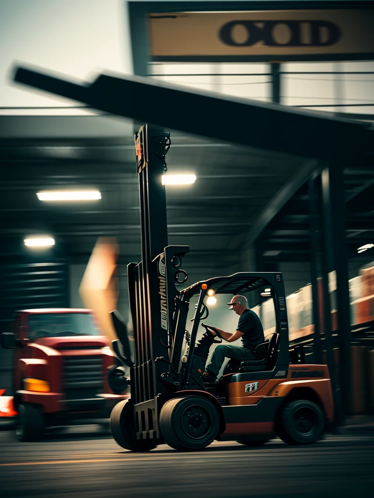 Forklift and old man
 , ( soft focus , Shallow focus , dim light) , tail slide blur , drift , cardrifting , tail light blur