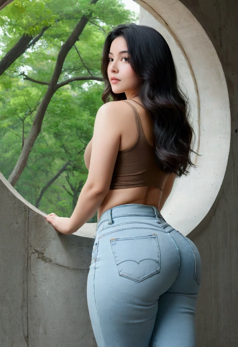 no, Ray tracing, Radio City, Anisotropic filtration, 16,000, best quality, 1 woman, alone, matures,  beautiful mountain climber, Black bra, jeans jacket, Gradient long hair, climbing equipment、laugh、orange sunset、((big breasts)) 、valley