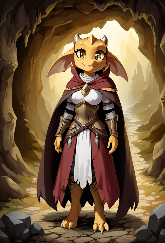 anthropomorphic kobold, female, she has well-detailed gold scales, she has curved horns with white divisions, she has long furry ears, she has beautiful well-detailed yellow eyes, she has wide hips, she is wearing a medieval armor, she is wearing a ruined and torn light brown poncho, she is standing in a cave, in the background there are sole stalagtites, 2d art style, full body view from the front and looking at the viewer with a happy face .
