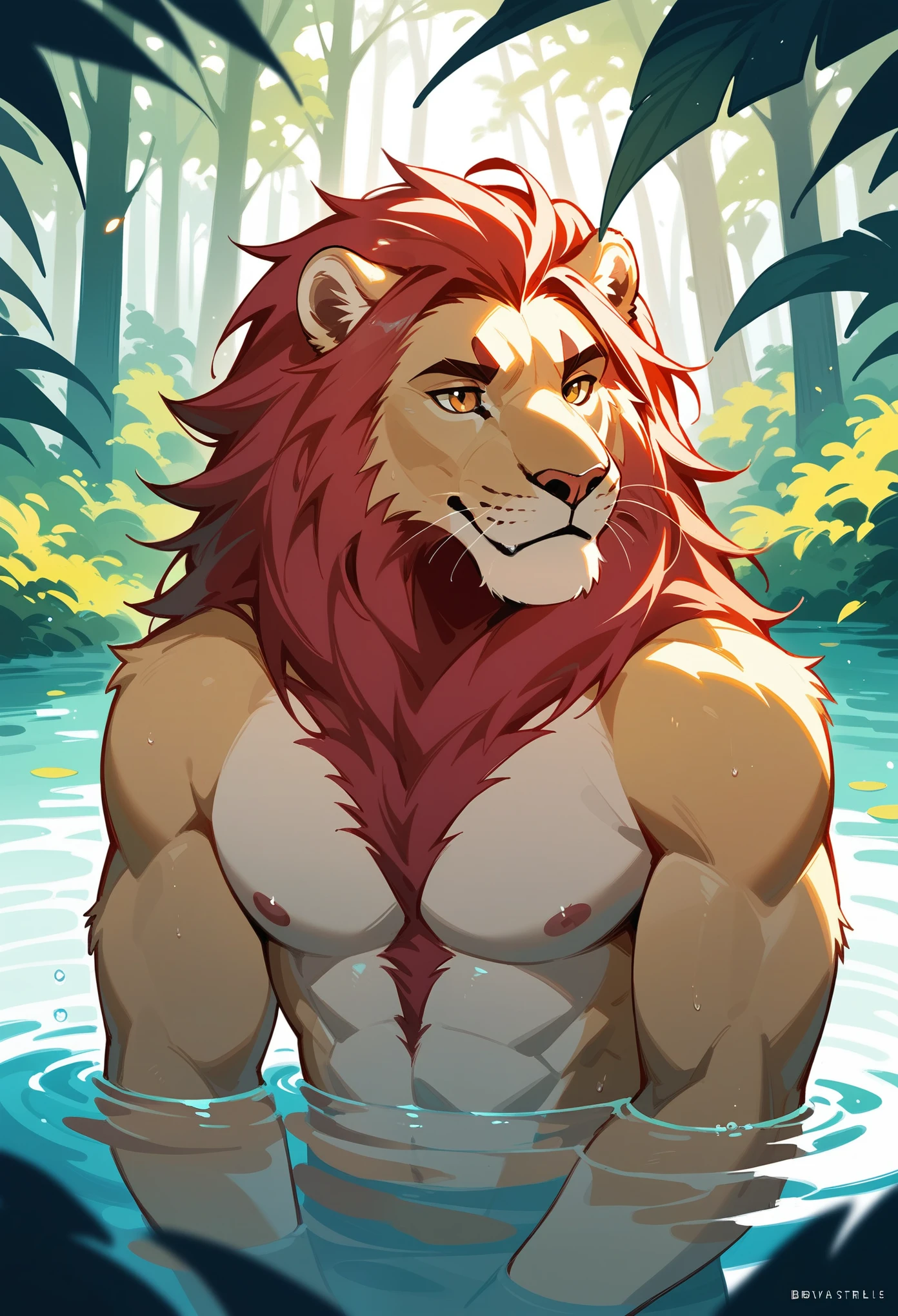 furry lion,naked male,red mane,naked,intimate,bottomless,penis,nsfw,erection,cum,masculine,muscular,sexy vibe,illustration,ultra-detailed,vivid colors,sharp focus,naturalistic lighting,outdoor,cartoony