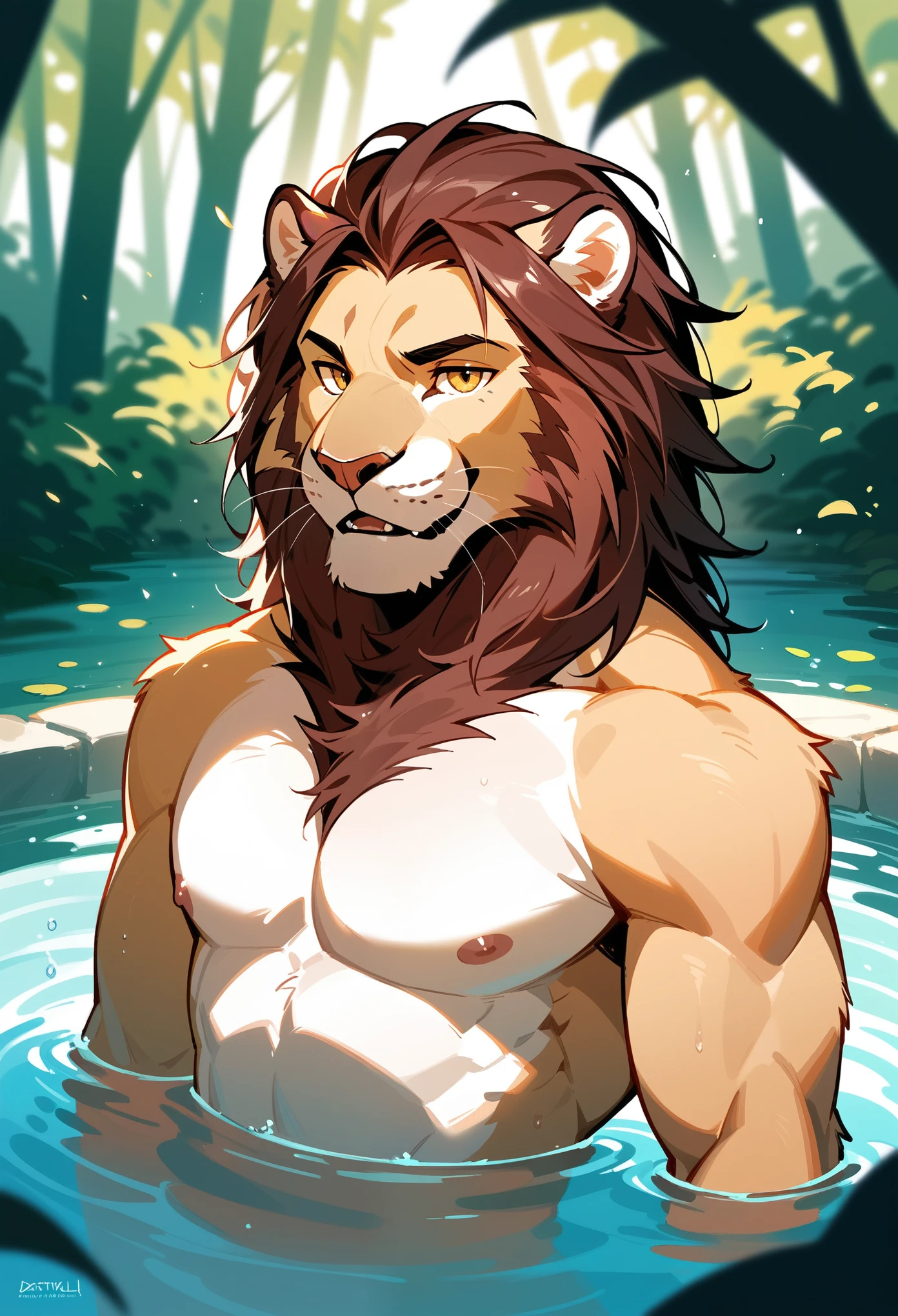 Lion, male, solo, adult, abs, pecs, nipples, older, strong muscles, long mane, detailed face, beautiful eyes, detailed eyes, sweat, wet, pool, swimsuit, muscular chest, muscular, seductive face, bodybuilder body, quitting from pool, pose sexy, , beefy, bulge, looking_at_viewer, by bruteandbrawn, by personalami, by kenket, (intricate, high detail, film photography, soft focus, RAW candid cinema,
photorealism, realistic, photorealistic, analog style, subsurface scattering,
masterpiece, best quality, ultra realistic, 8k)