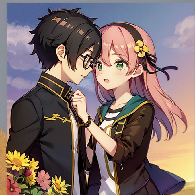 1 boy with black hair, red jacket and glasses romantically kissing a girl with pink hair and green eyes flower field in the background, amor verdadero, mejillas sonrojadas, alta calidad , Kanonno earhart from tales of the world radiant mythology 