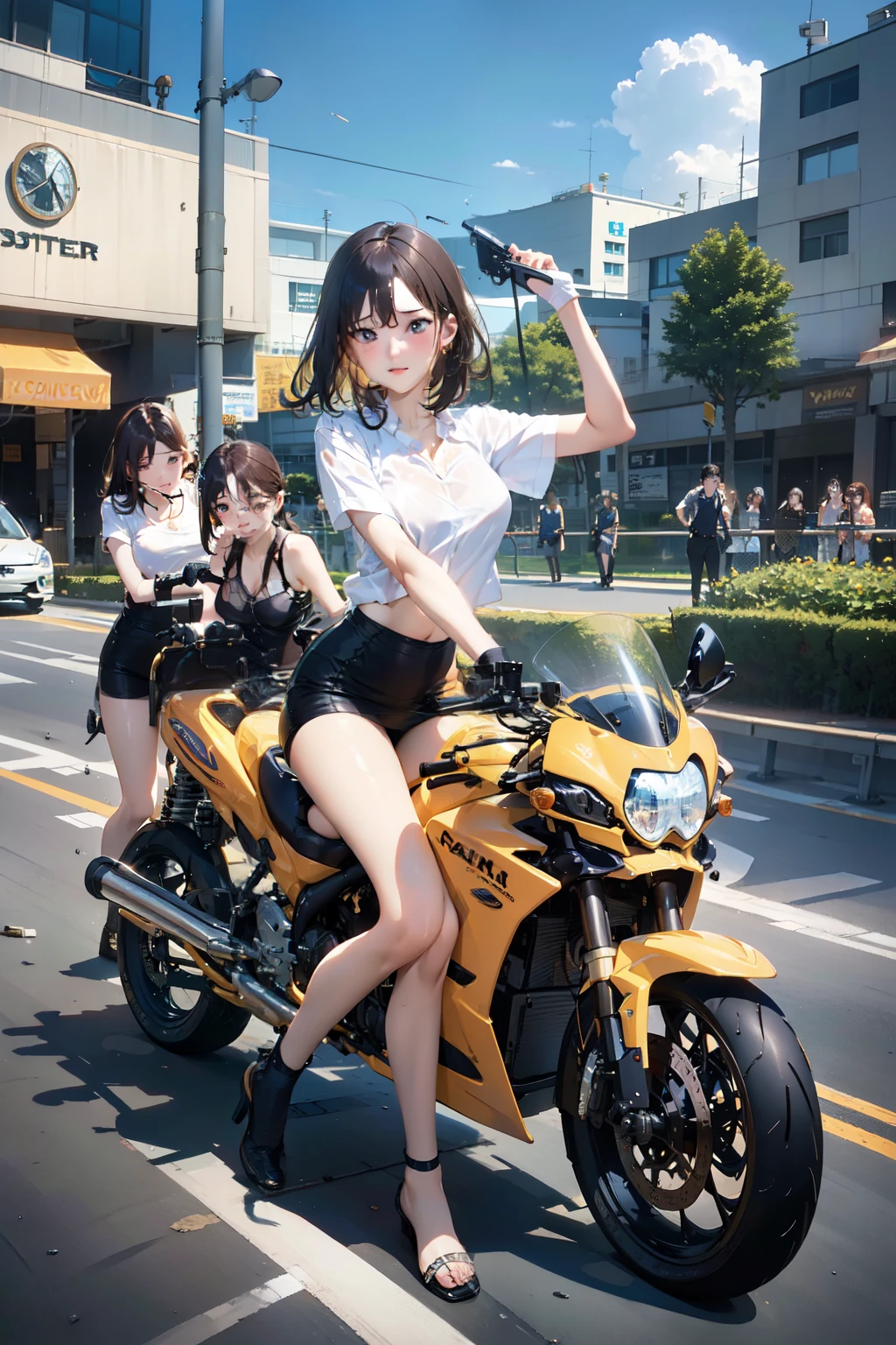 cyberpunked,Cyber City,Hi-Tech,High-tech townscape,Bikes of the near future,Girl on a motorcycle,poneyTail
