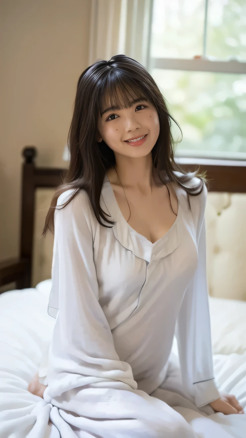 ((Please redeem、masterpiece、、Highest quality、Ultra-high resolution、Award-winning works)、(white, Lightweight nightgown:1.8)、(Accurate anatomy:1.1)、(On the bed:1.52)、(Look at me and smile:1.1)、Ultra-high resolution for bright and fair skin、The most exquisite face、Ultra-high resolution detailed face、Ultra-high resolutionの髪の毛、Ultra-high resolutionの煌めく瞳、Beautiful detailed face drawing、(bedroom:1.1)、Beautiful Japanese actress face、((whole body:1.6))、Beautiful breasts