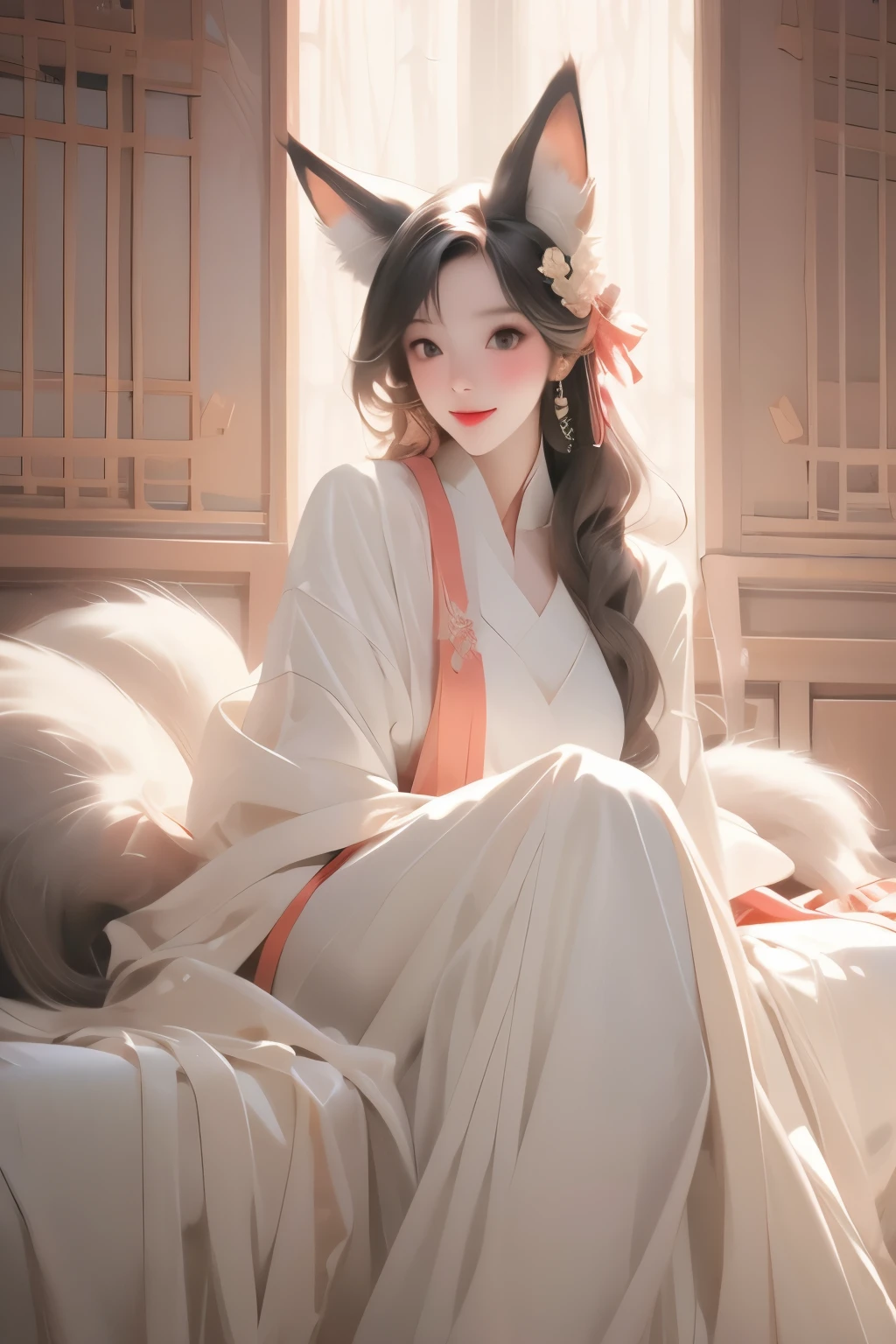 1girl, fantasy, fox tail, fox ears, indoors, corruption, photo, film grain, simple background, pov, hair flower, nervous smile, sex, pov, pantyhose, hanfu, on bed, crossed legs,