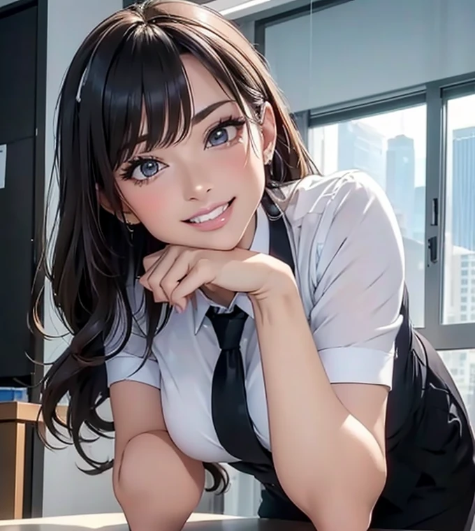 masterpiece, best quality, extremely detailed CG unity 8k wallpaper, (a beautiful girl),oil skin,intricate detail realism hdr,Photorealism, Hyperrealism, ultra realistic, dramatic light, intense shadows, gorgeous view, depth of field, Woman in ((business suit)), Hair in a bunched up updo, (Mouth open:1.1, Teeth:1.0, Smile),(((Pose to seduce a man))),business office